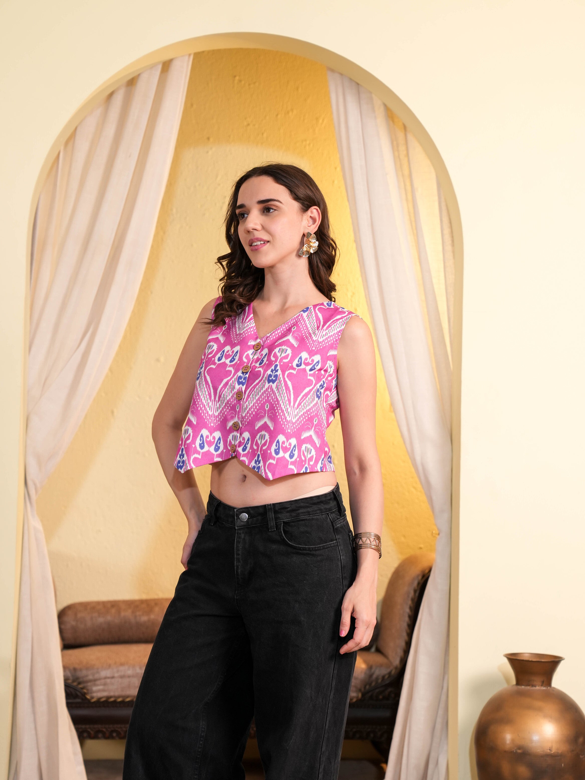 Pink Ikat Printed Crop Top