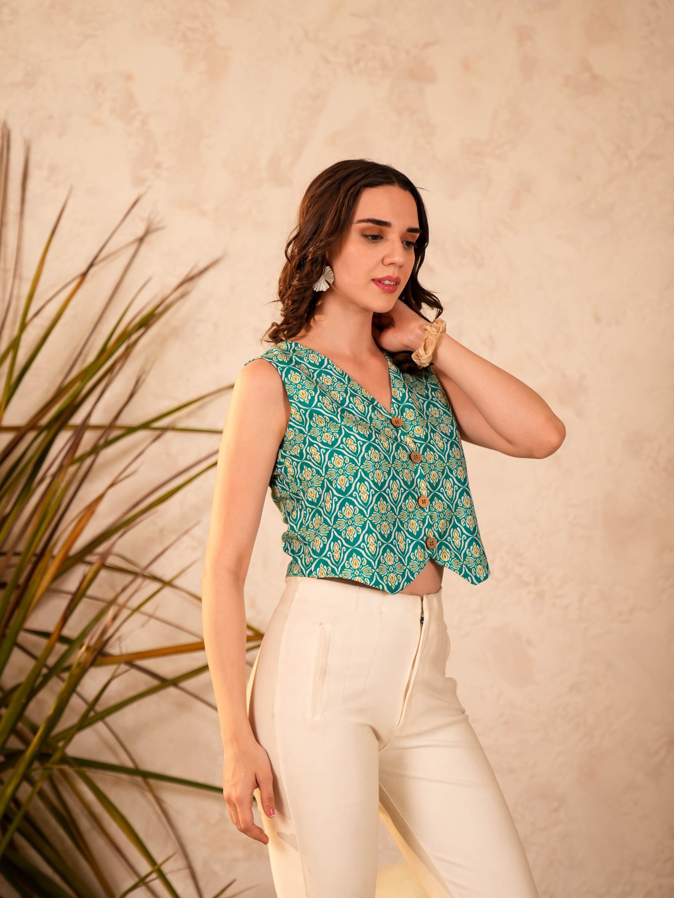Green Ethnic Motifs Crop Top