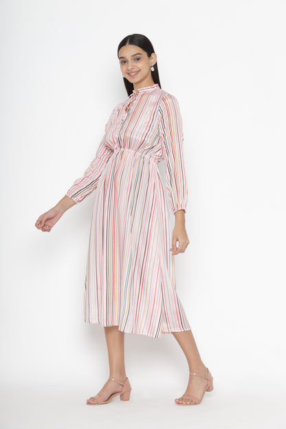 Candy Striped Puff Sleeves Tie-Ups Neck Chiffon Blouson Midi Dress At 49% off Make Your Purchese Fast | Octics