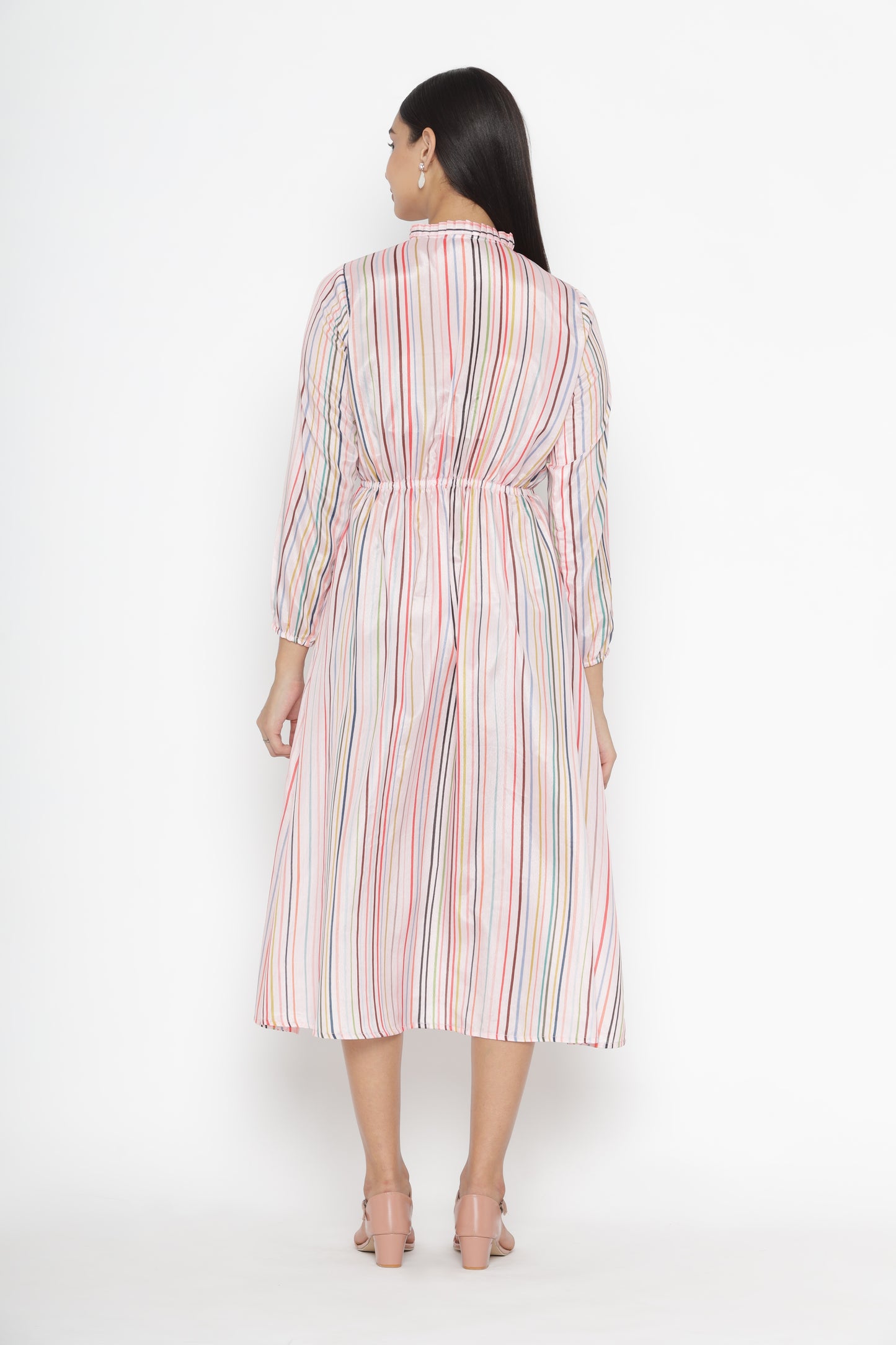 Candy Striped Puff Sleeves Tie-Ups Neck Chiffon Blouson Midi Dress we Rocommend the best Product | Oder Now | OCTICS