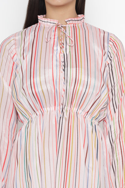 Buy Candy Striped Puff Sleeves Tie-Ups Neck Chiffon Blouson Midi Dress | Octics