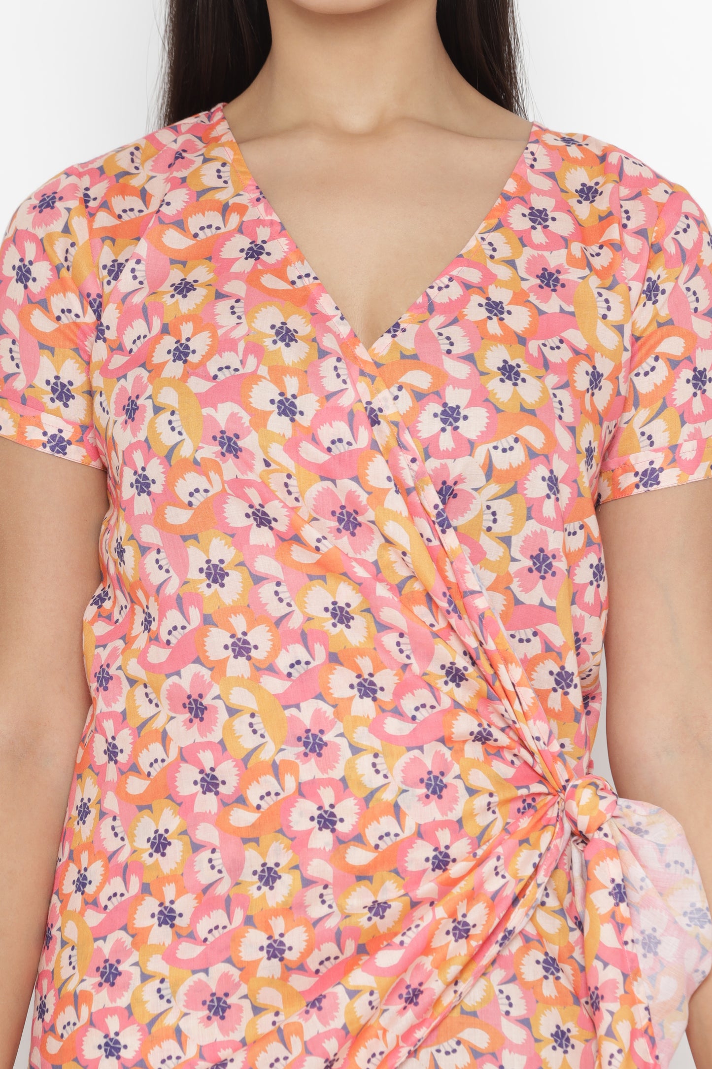 Floral Printed Pink- Yellow Rob Style Short Dress  with Beatiful  Floral Print  | OCTICS |