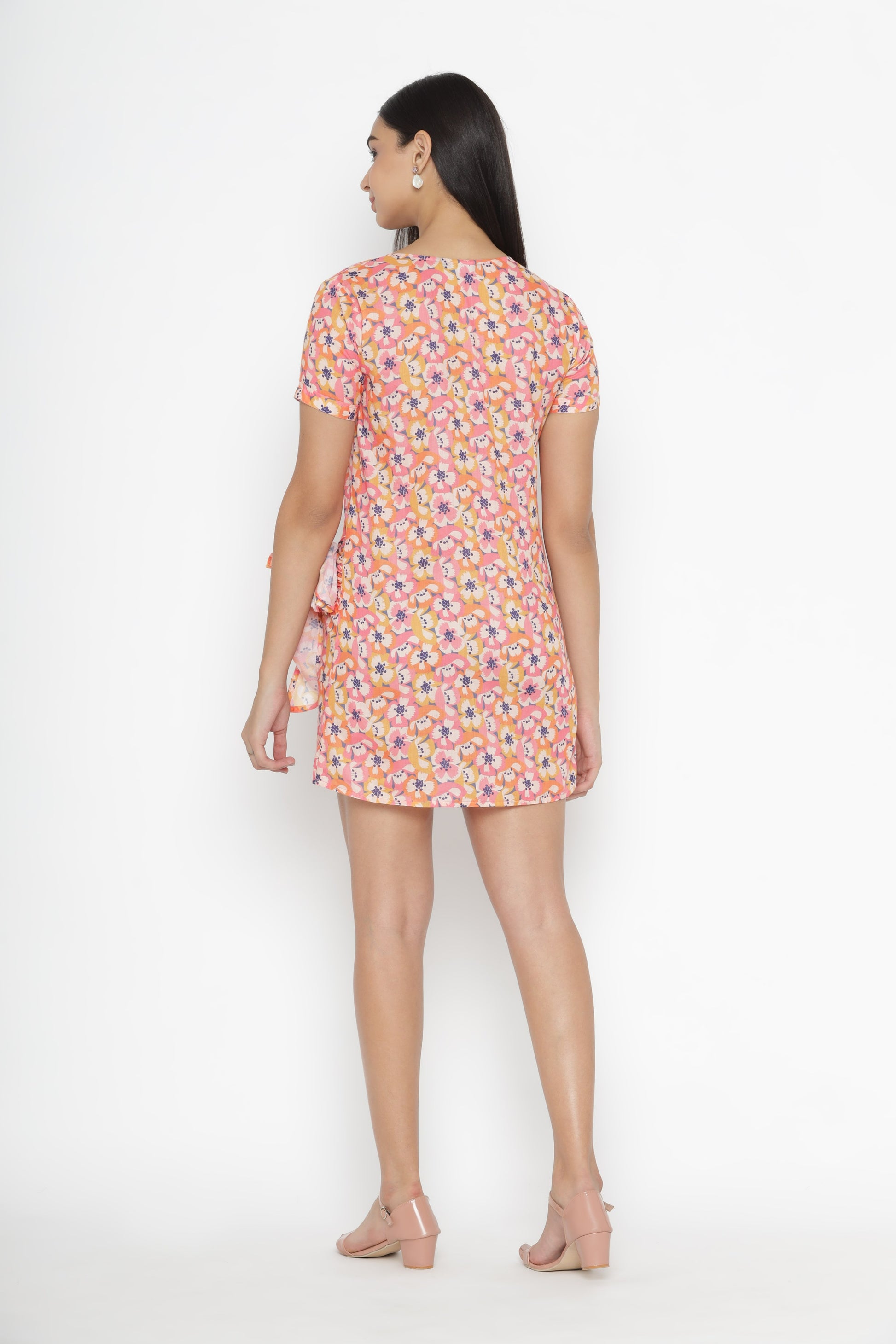 Floral Printed Pink- Yellow Rob Style Short Dress Gives Simple And Beautiful  Look | OCTICS |