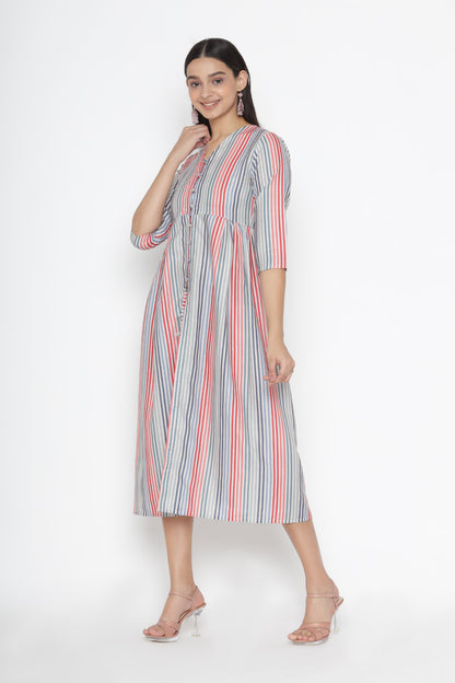 Women Blue Printed Striped A-Line Midi Dress  | All sizes| Shop Now. | OCTICS