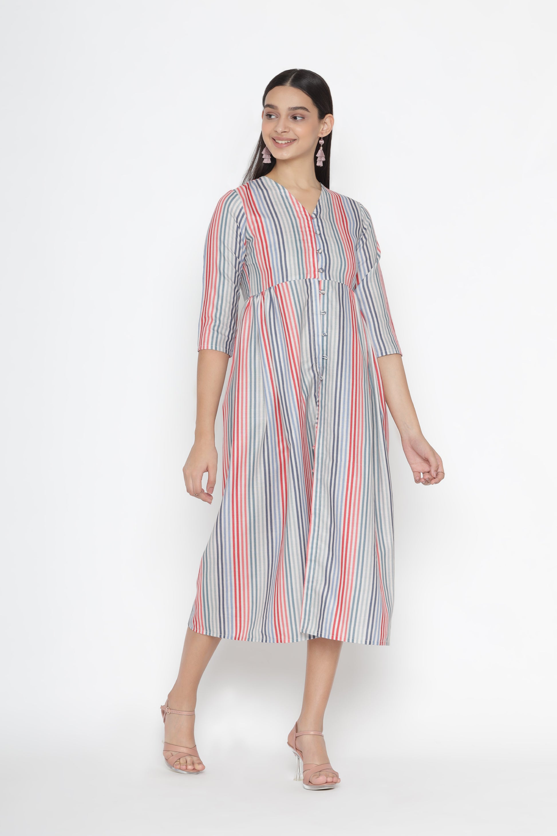 Women Blue Printed Striped A-Line Midi Dress  | Choose Your Best Size | OCTICS |