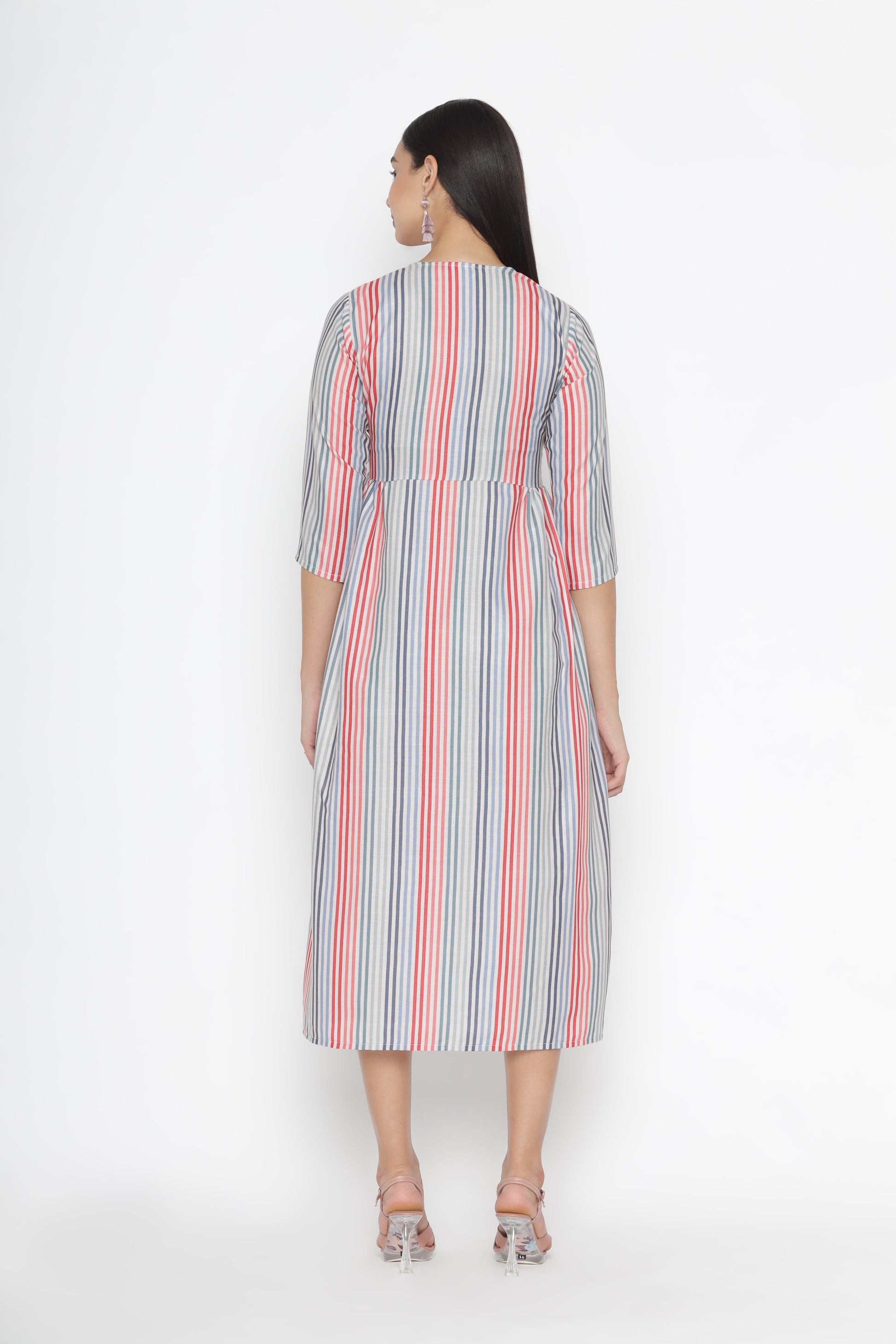 Women Blue Printed Striped A-Line Midi Dress  From Octics At Rs 1399 | OCTICS