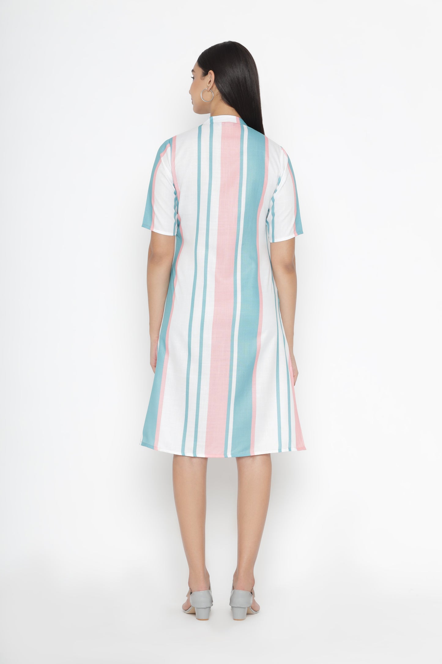 Buy Mandarin Collar Striped Printed A-Line Dress | OCTICS