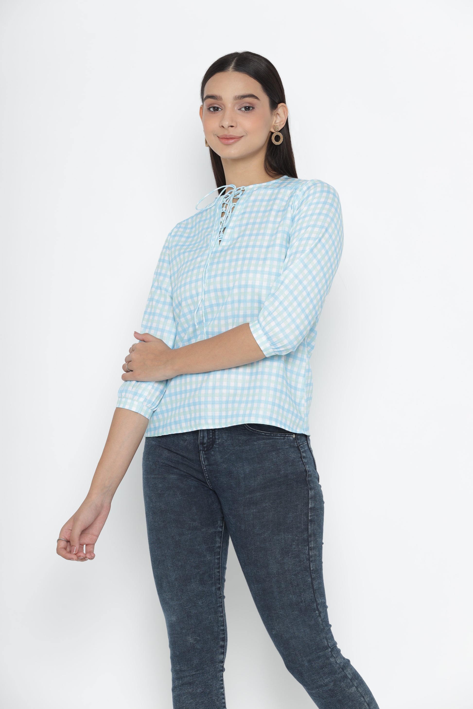 White Checked Mandarin Collar Boxy Top From Octics At Rs 1499 | OCTICS