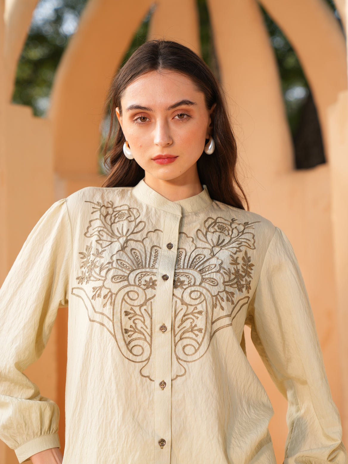 Beige Embroidered shirt Style Top