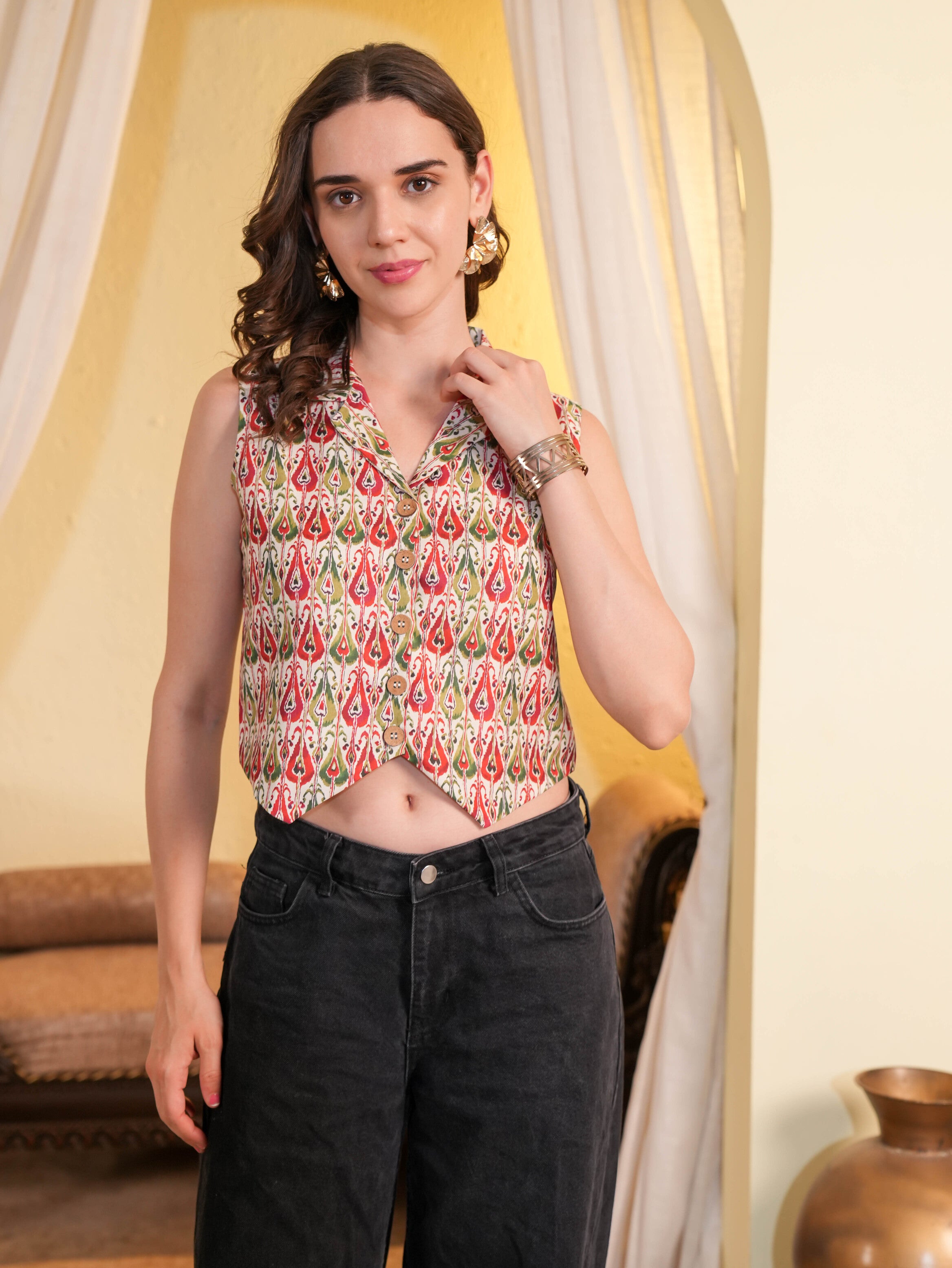 Beige Crop Woven tops