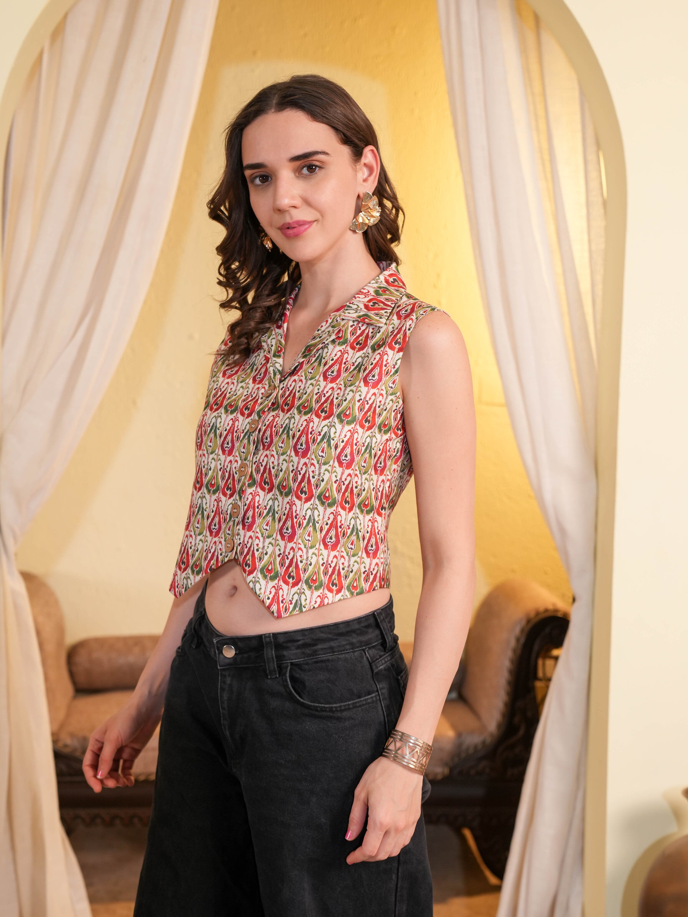 Beige Crop Woven tops
