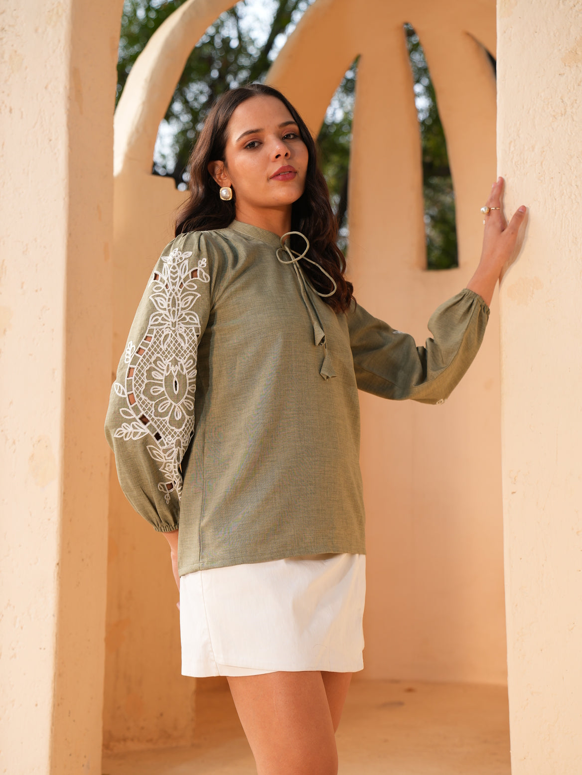 Olive Green Embroidered shirt Style Top