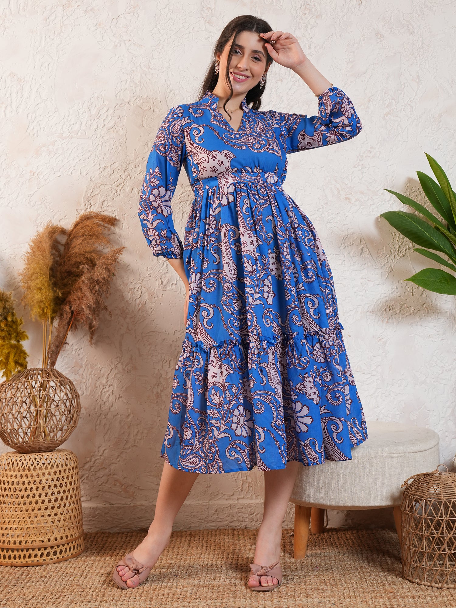 Blue Floral Printed Falred Midi Dress