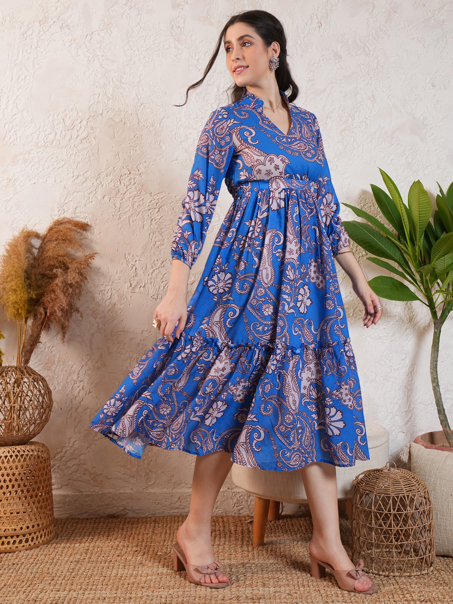 Blue Floral Printed Falred Midi Dress