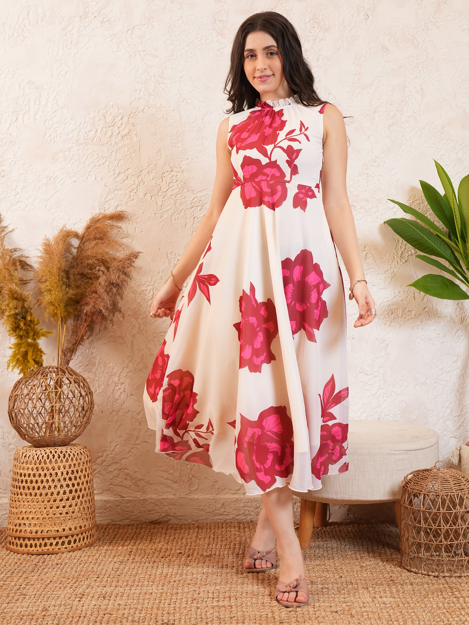 White Floral Printed Fit & Flared Midi dress