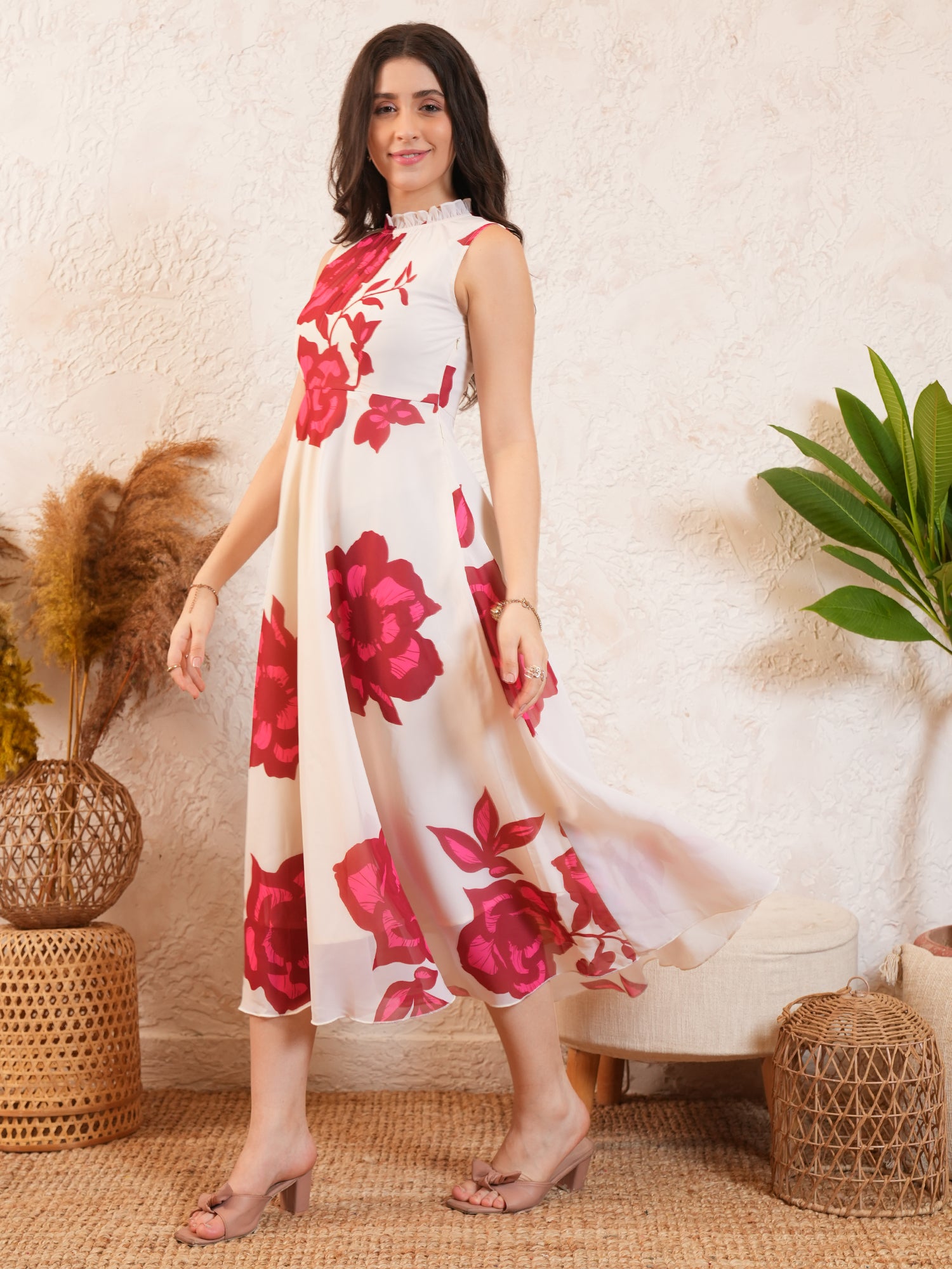 White Floral Printed Fit & Flared Midi dress