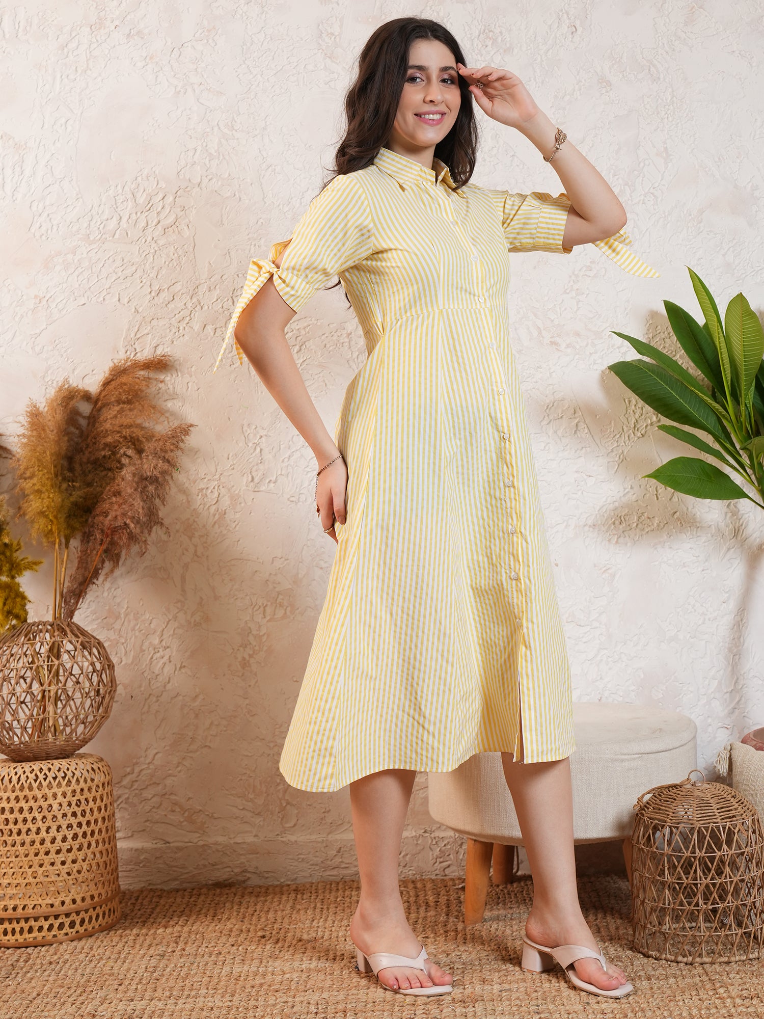 Lemon Yellow Stripted Midi Dress