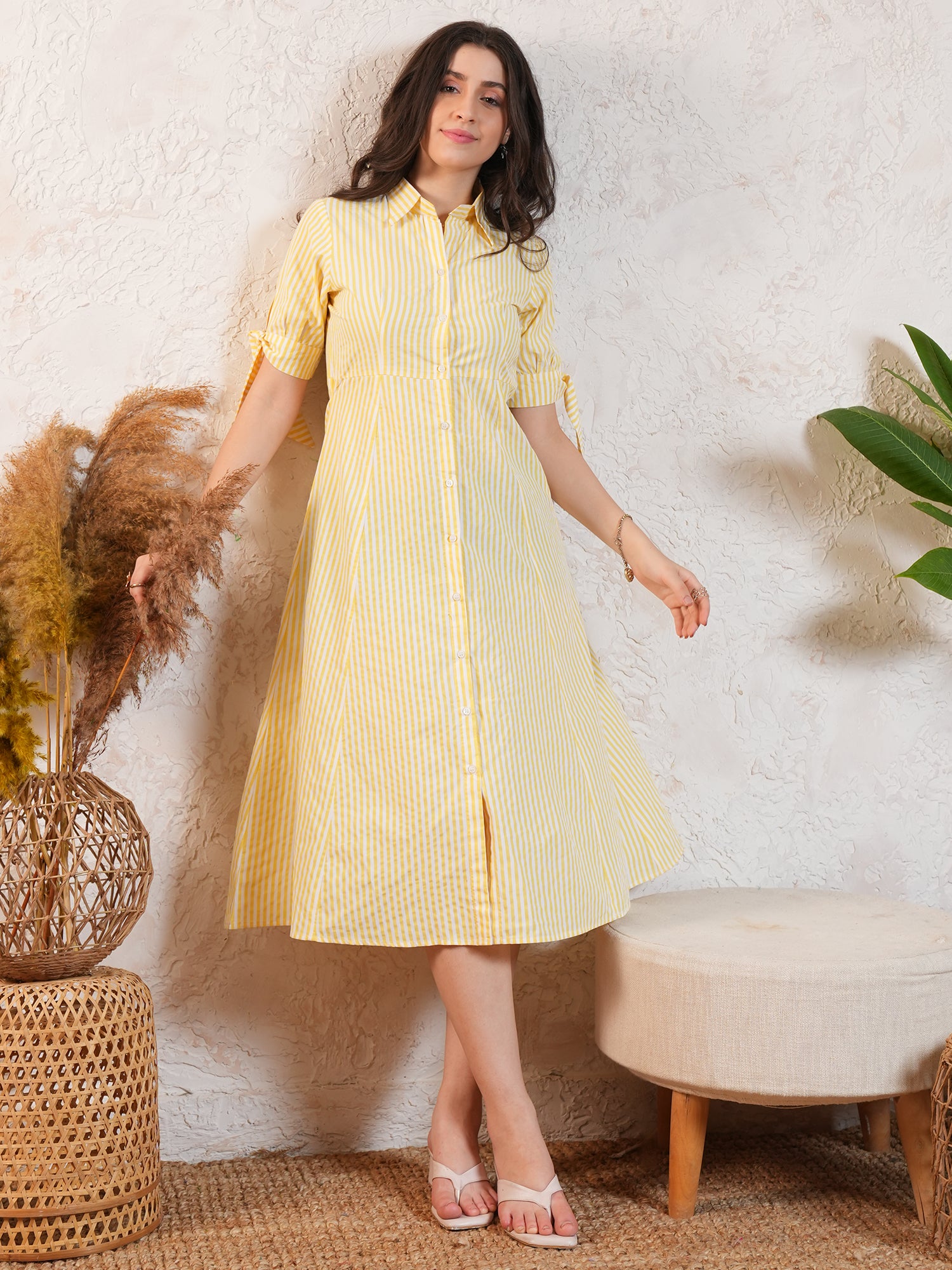 Lemon Yellow Stripted Midi Dress