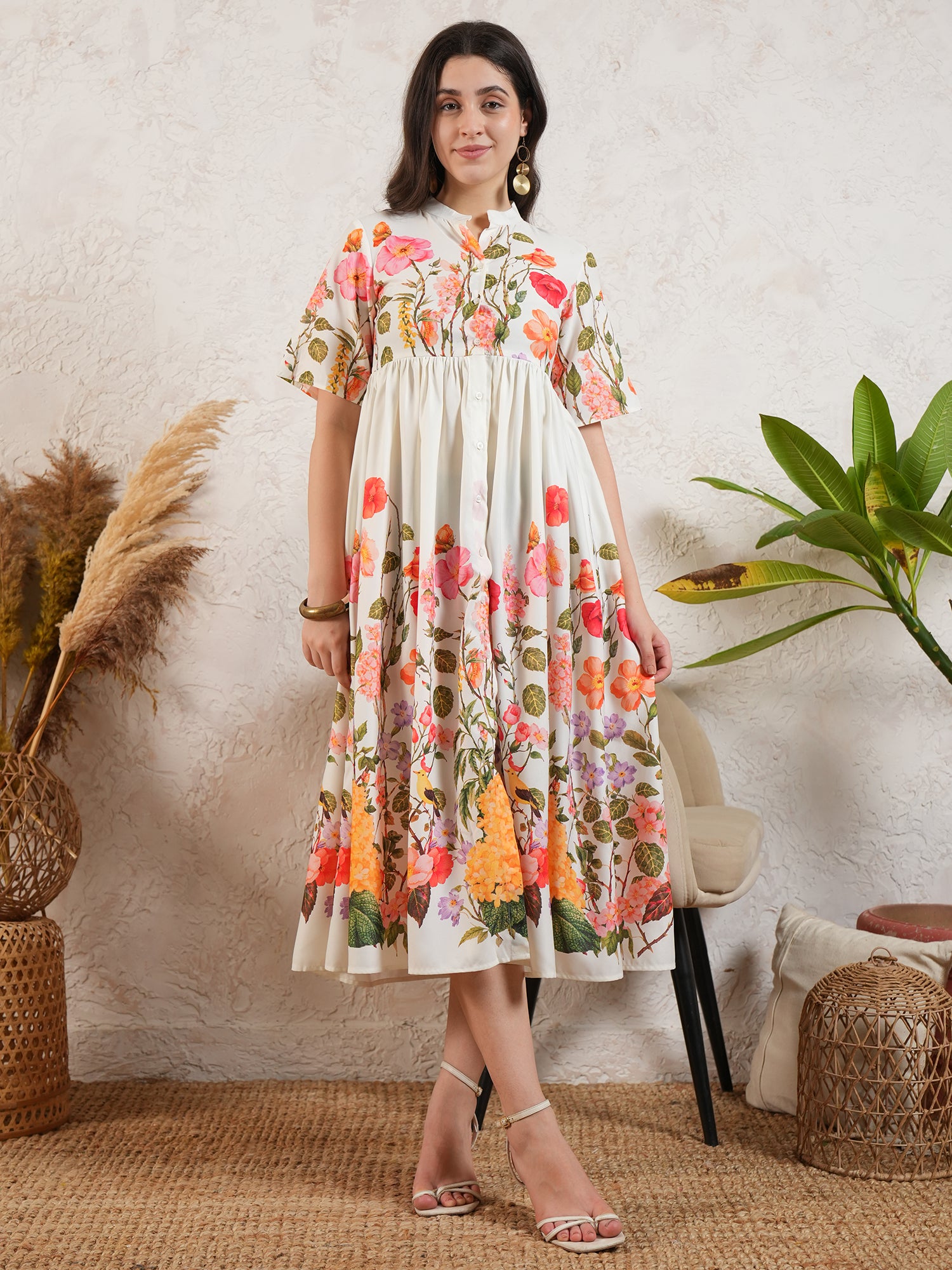 White Floral Printed Flared Midi Dress