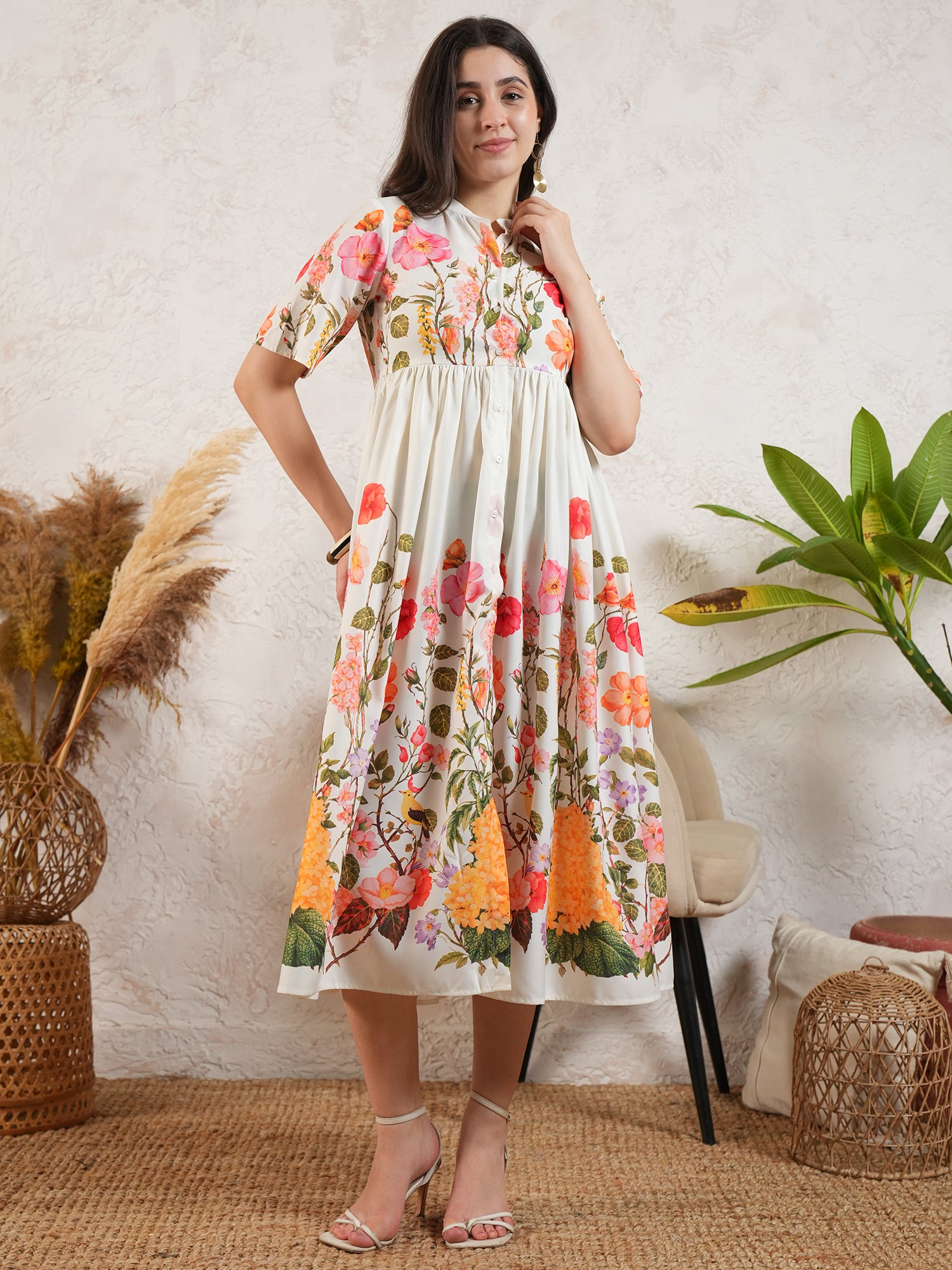 White Floral Printed Flared Midi Dress