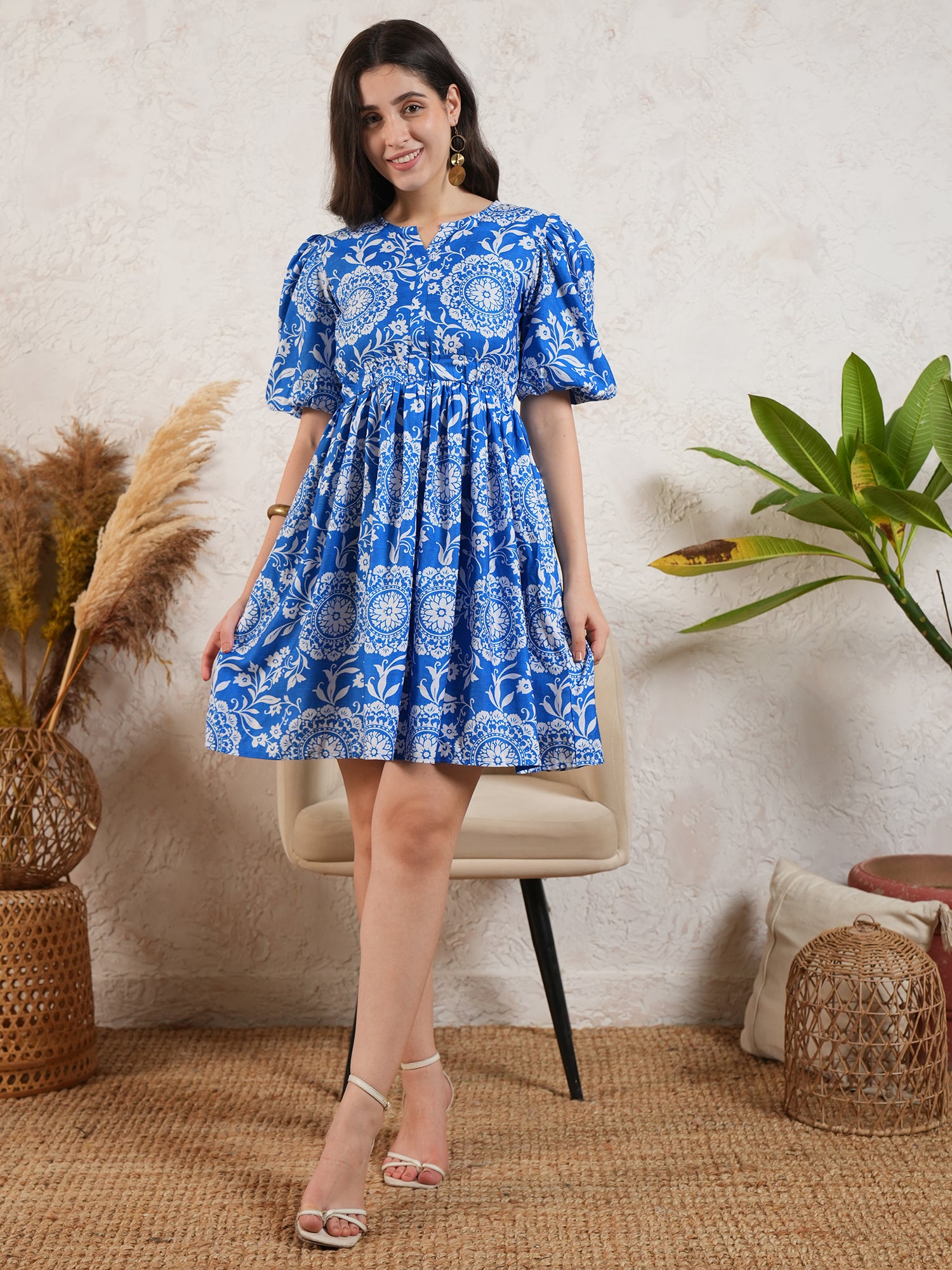 Blue Geomatric Printed Flared Mini Dress