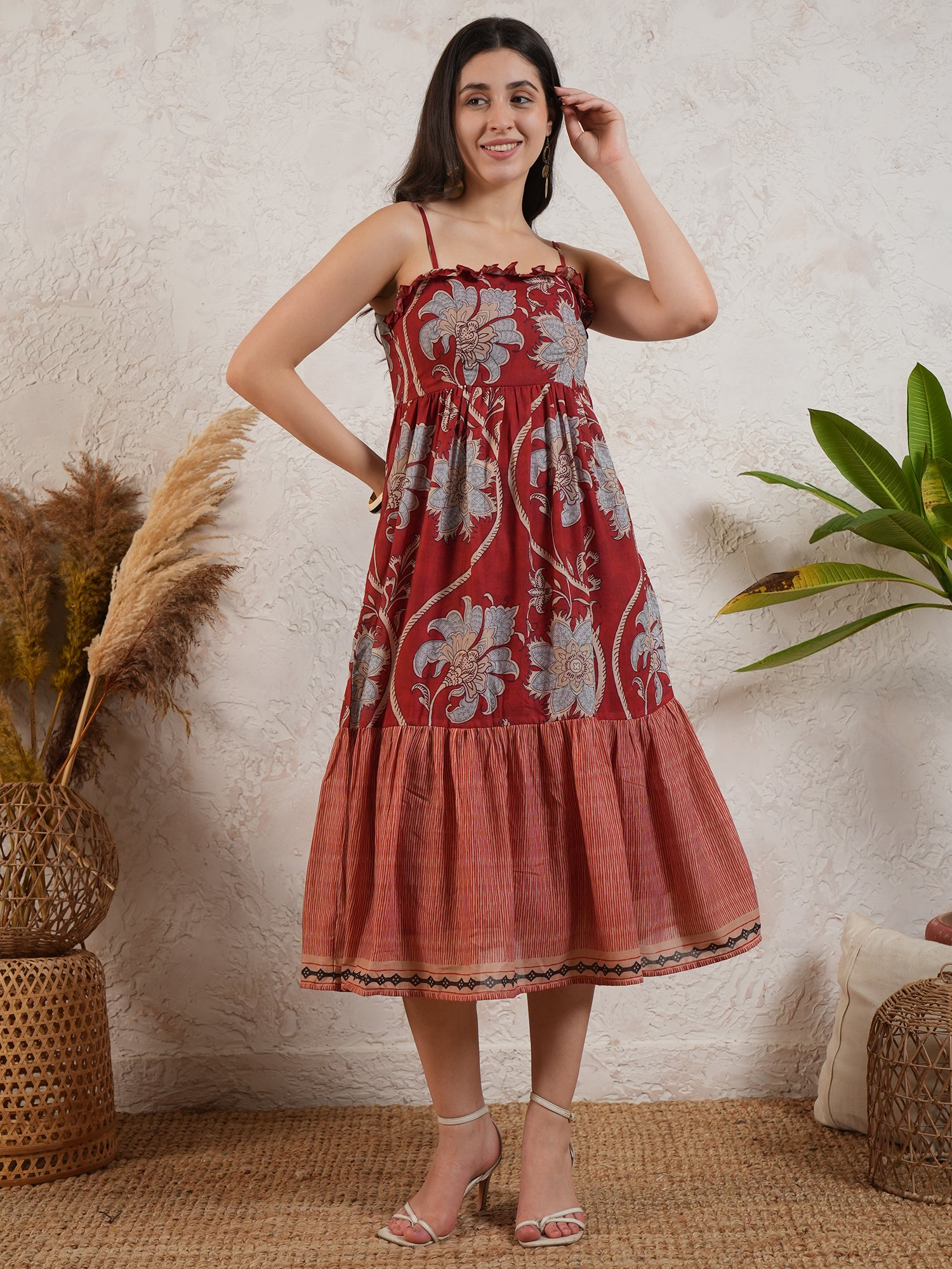 Red Floral Printed Midi Dress