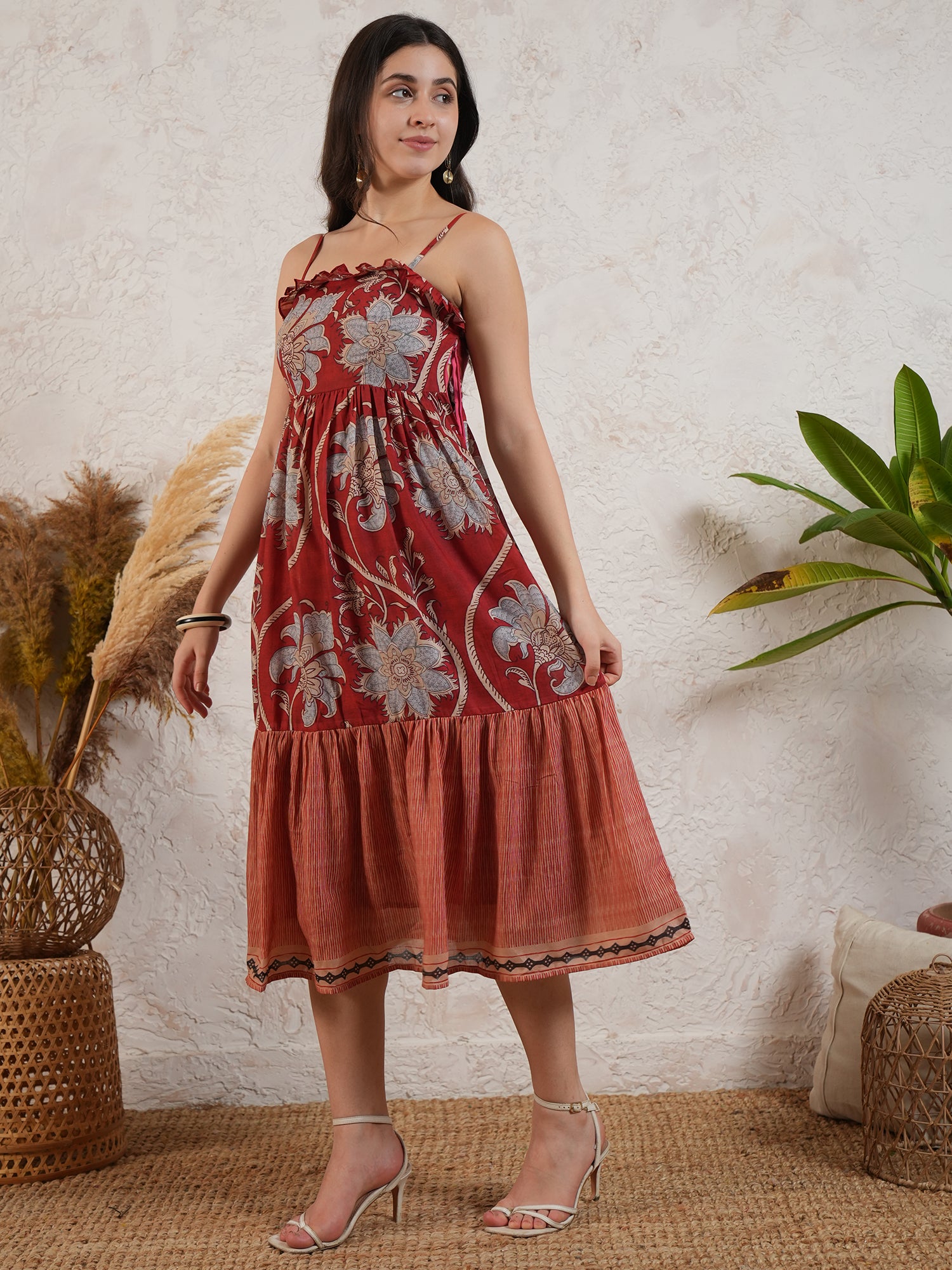 Red Floral Printed Midi Dress