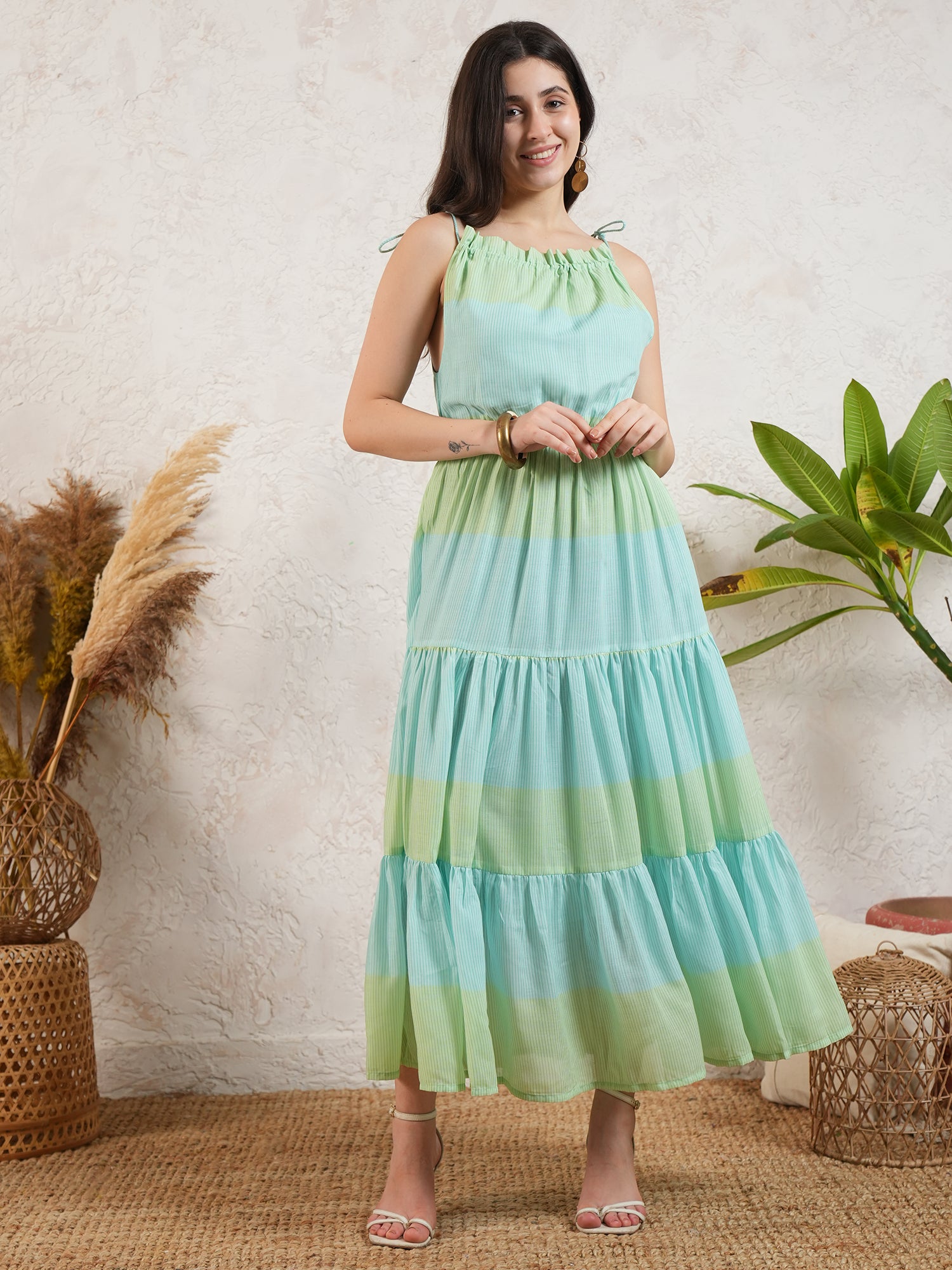 Sky Blue Stripted Flared Midi Dress