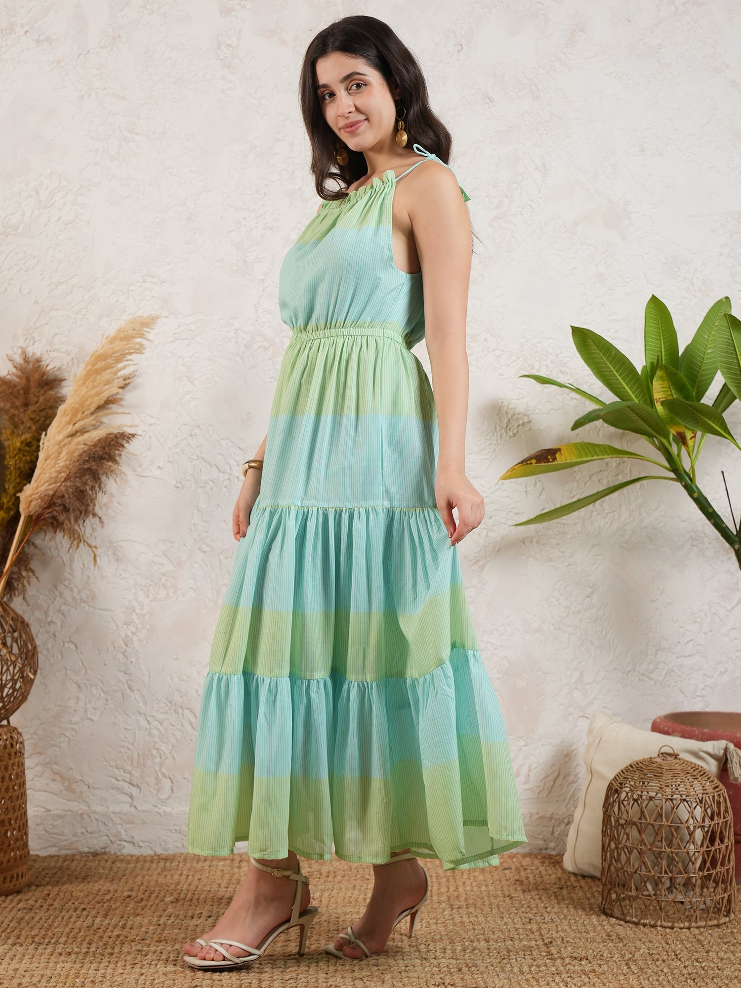 Sky Blue Stripted Flared Midi Dress