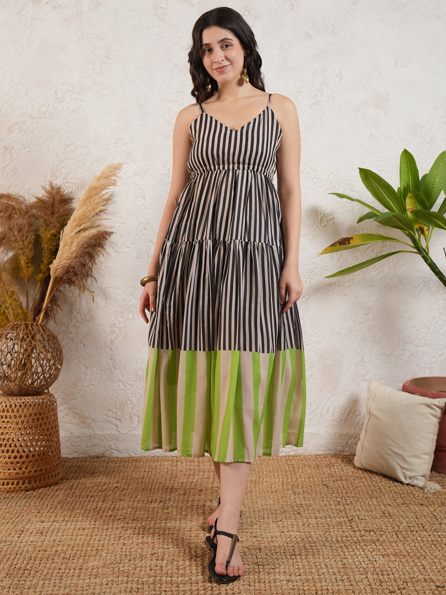 Brown Stripted Flared Midi Dress