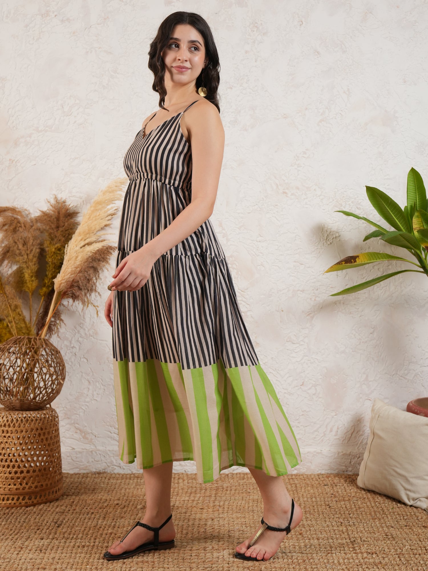 Brown Stripted Flared Midi Dress