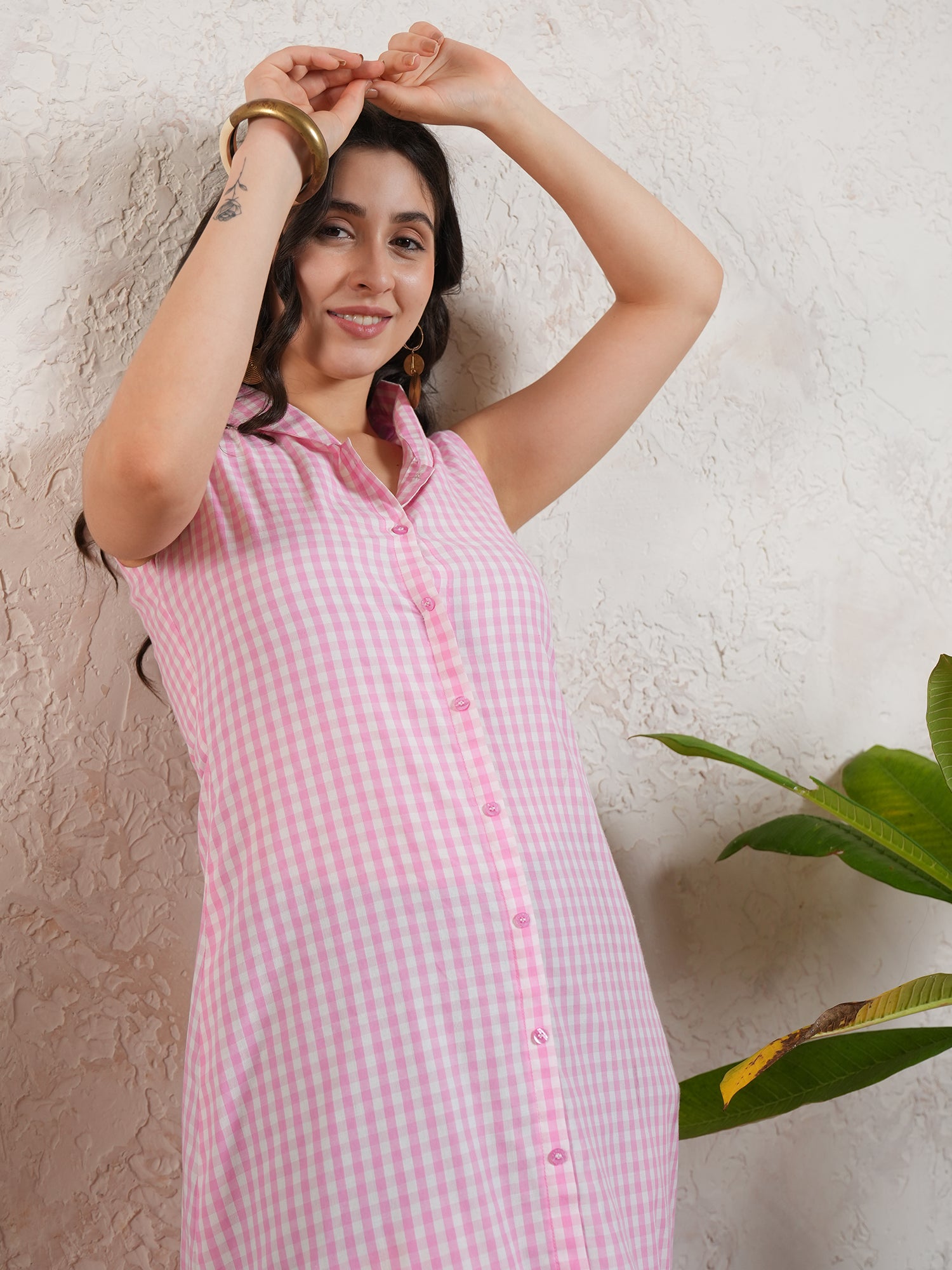 Pink Checked Printed Midi Dress