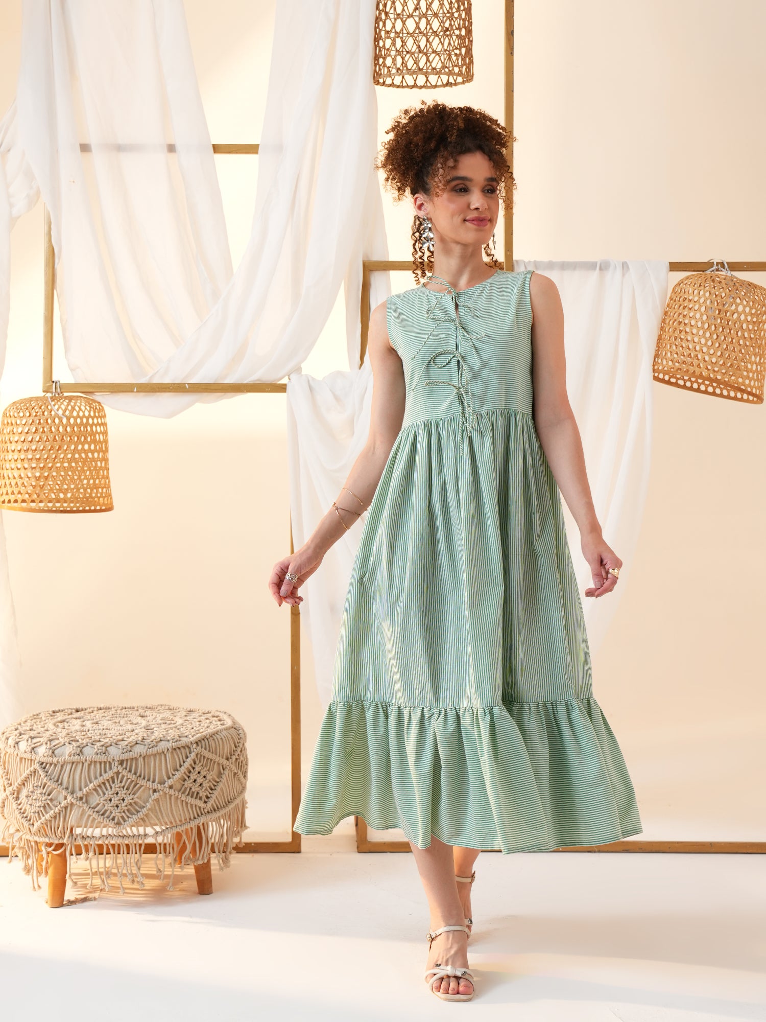 Green Stripted Flared Midi Dress