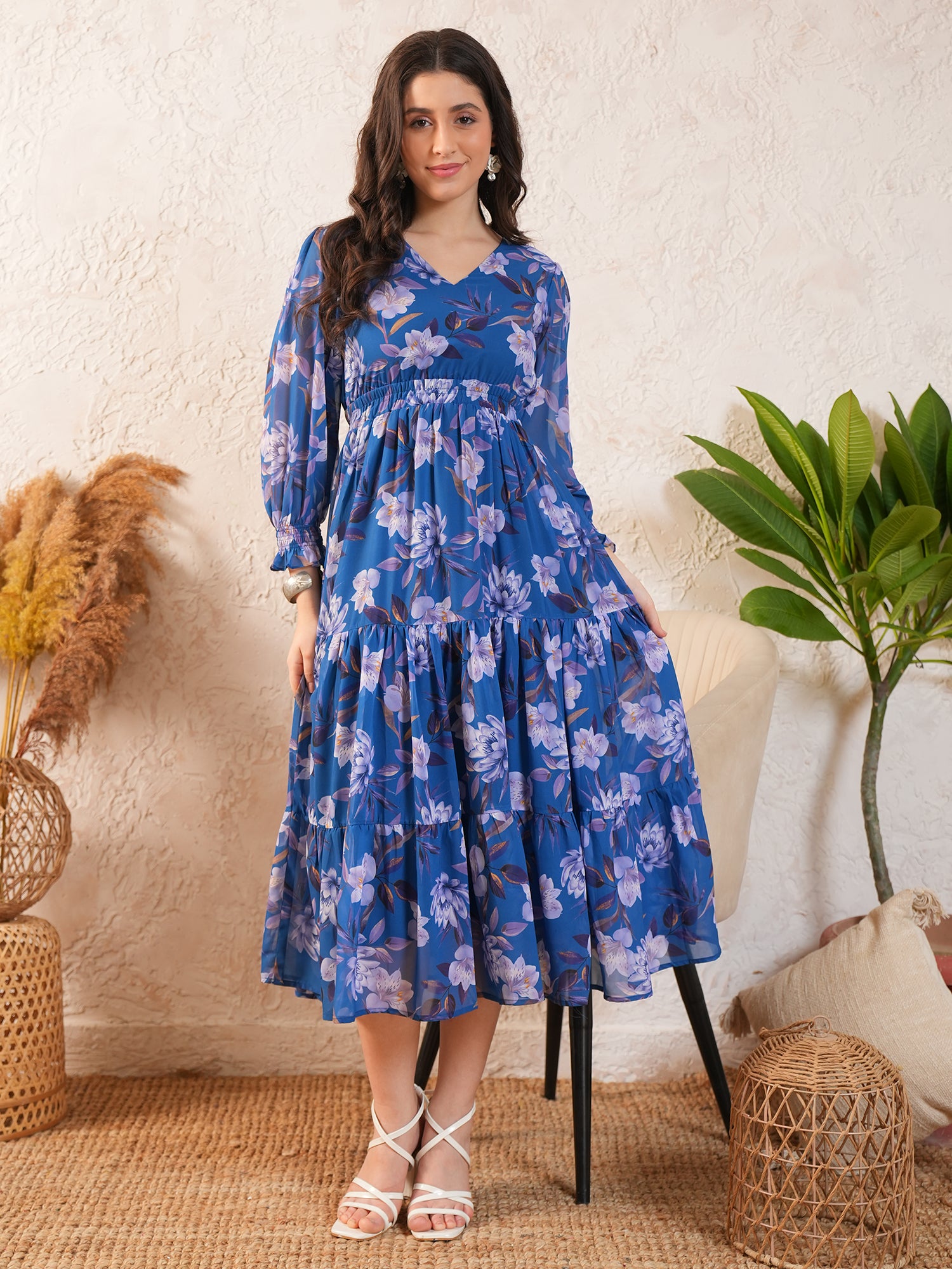 Blue Floral Printed Falred Midi dress