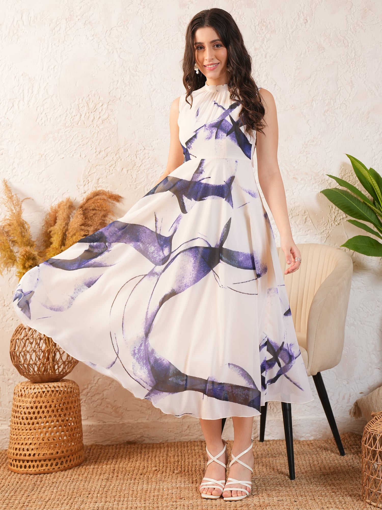 White Abstract Printed Georgette Midi dress