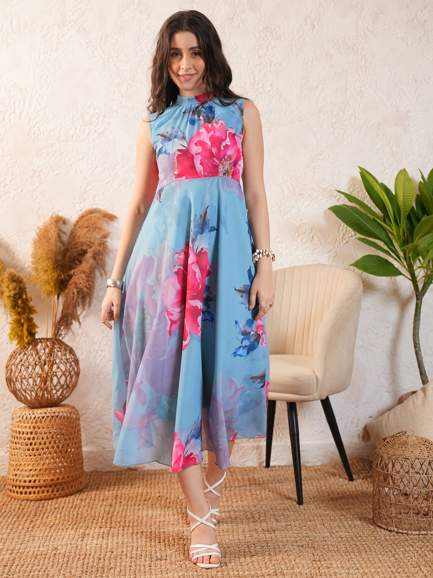 Powder Blue Floral Printed Georgette Midi dress