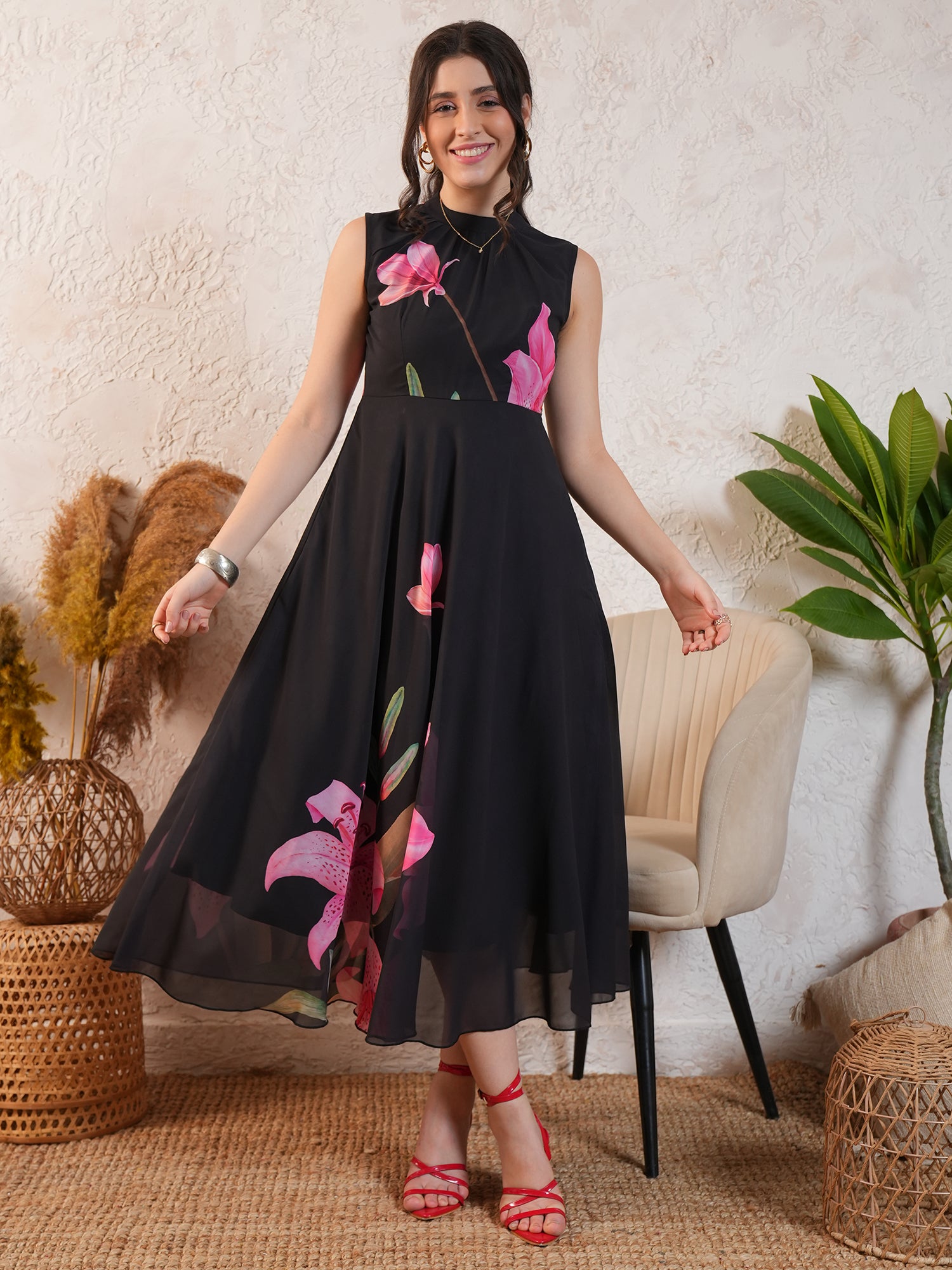 Black Floral Printed Georgette Midi dress