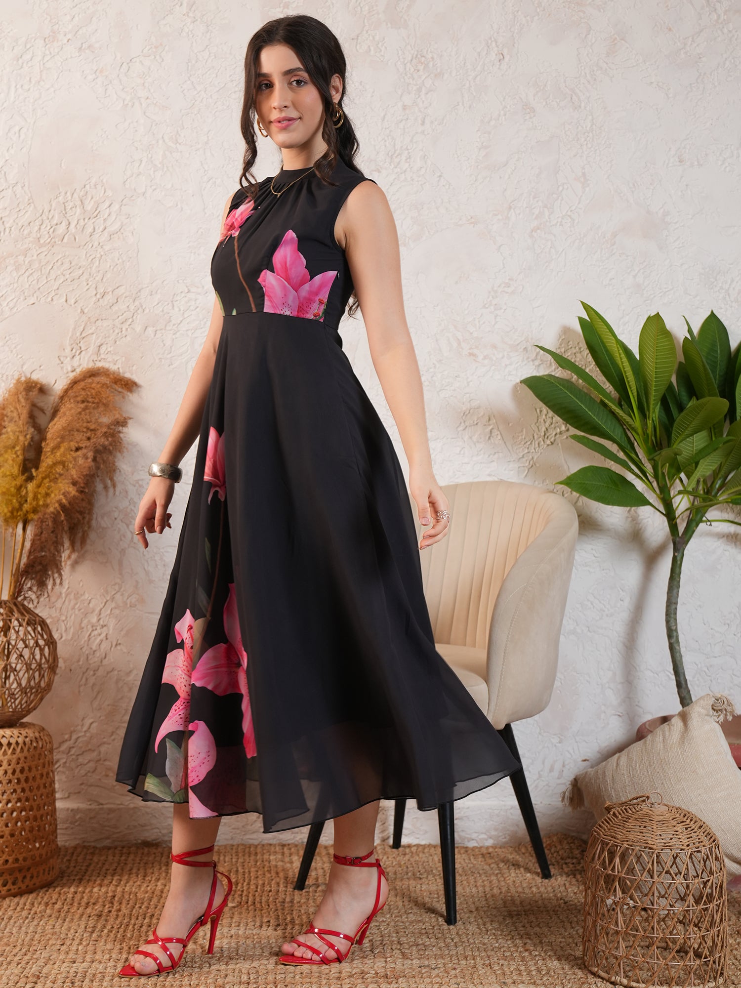 Black Floral Printed Georgette Midi dress