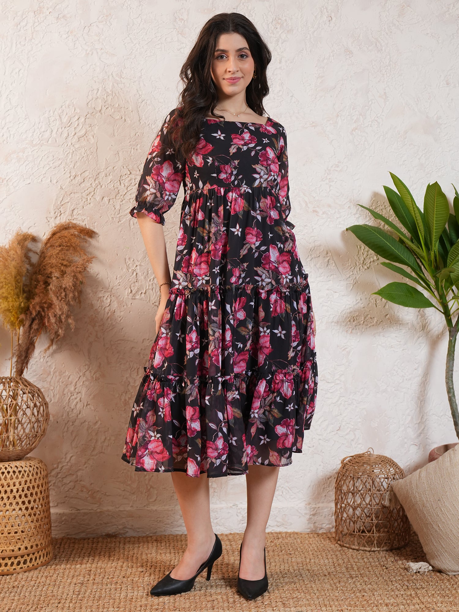 Blue Floral Printed Georgette Midi dress