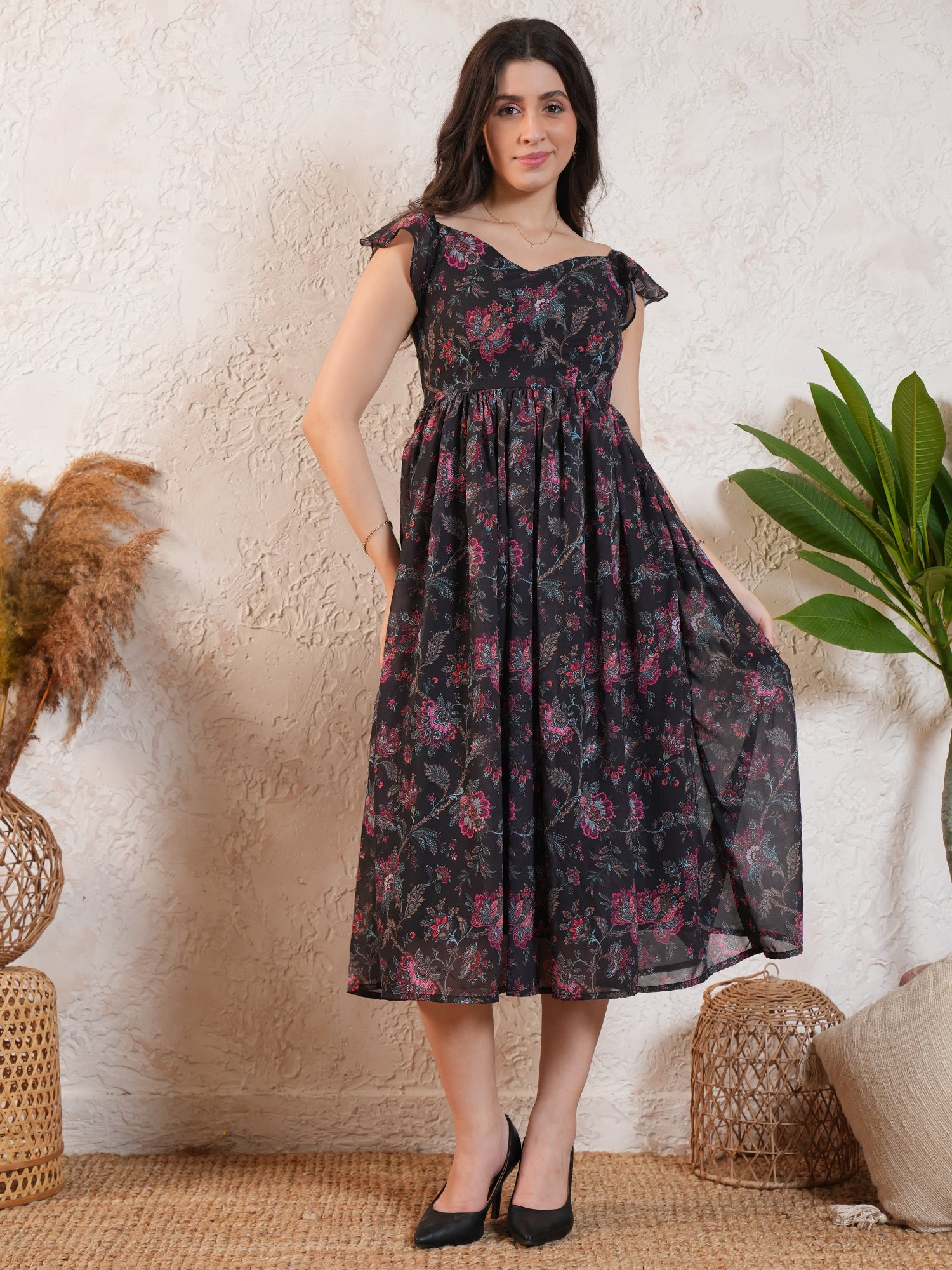Black Floral Printed Georgette Midi dress