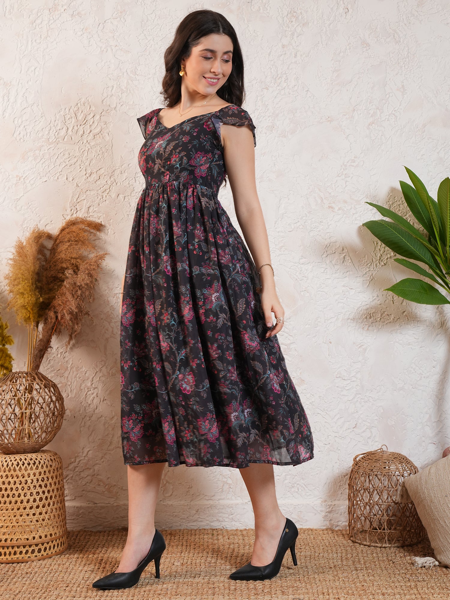 Black Floral Printed Georgette Midi dress