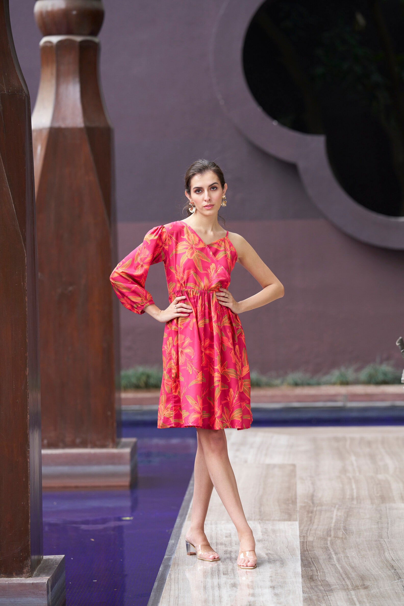 Red One-side Sleevs Floral Printed Mini Dress