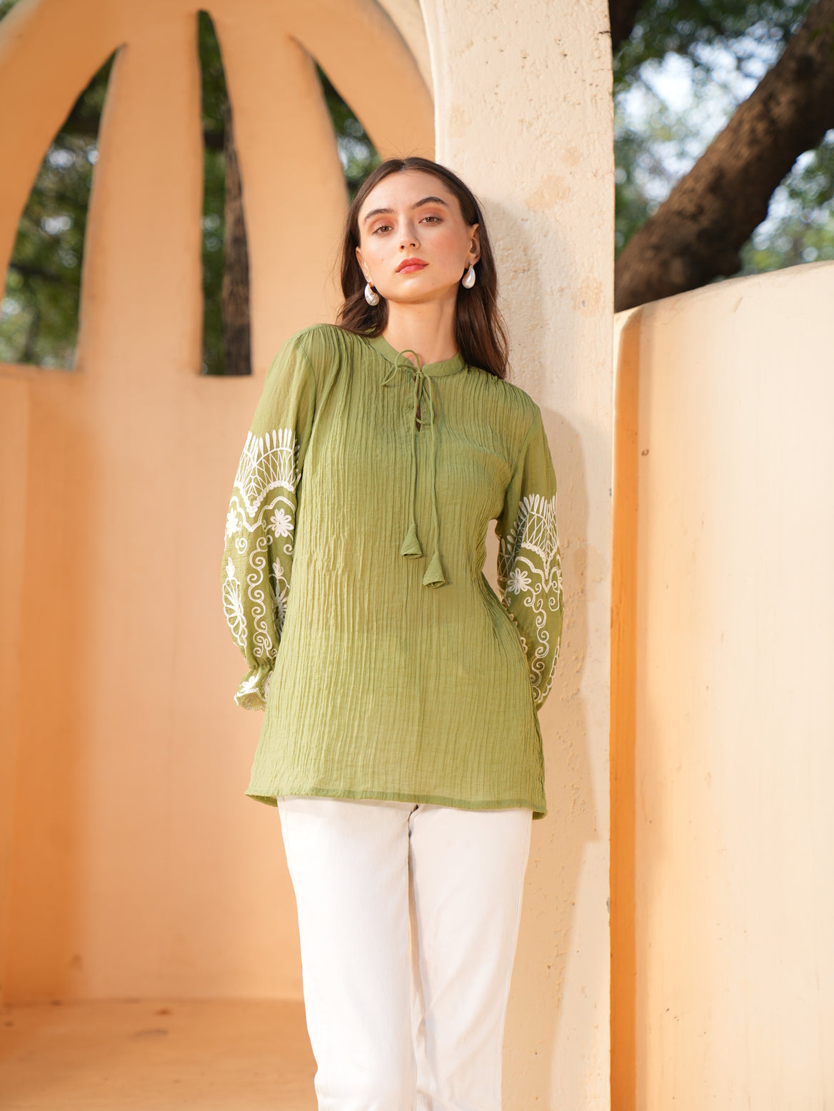 Green Embroidered Shirt Style Top
