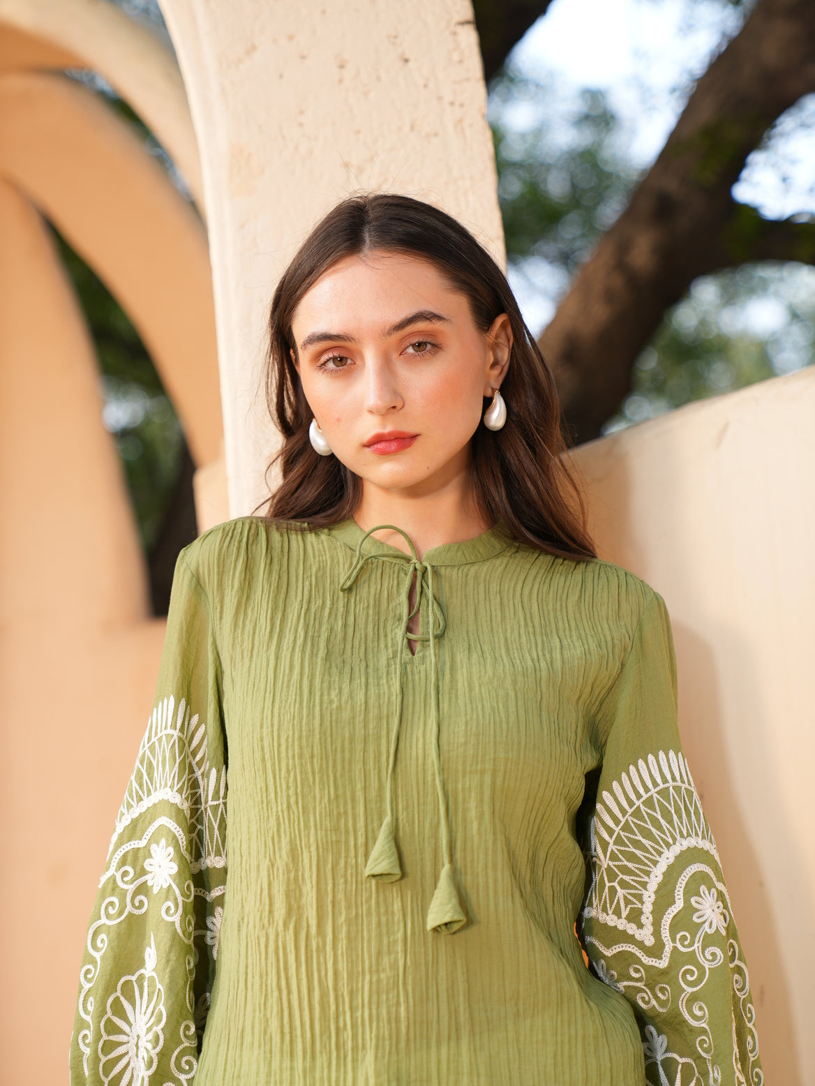 Green Embroidered Shirt Style Top