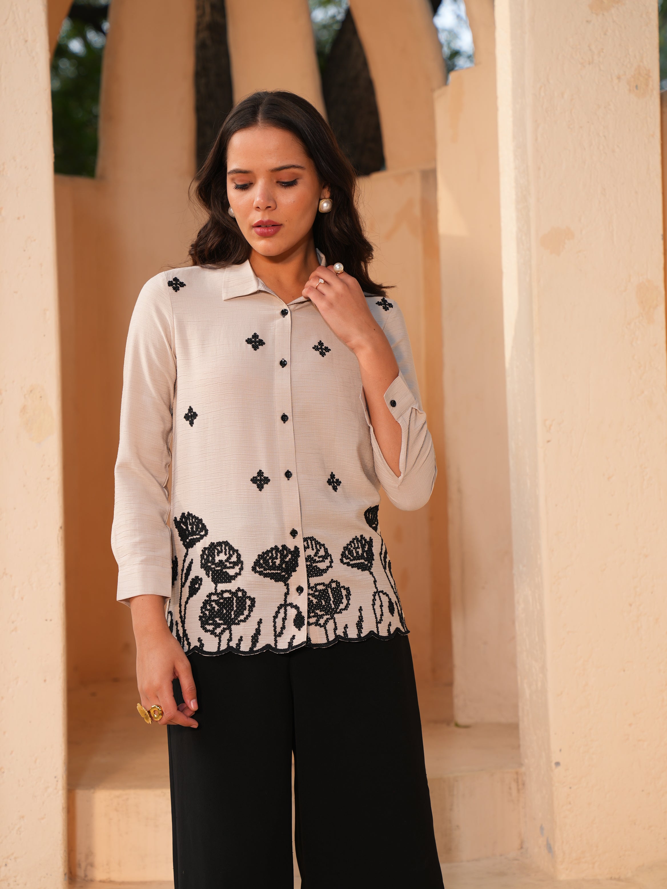 Beige Embroidered shirt Style Top
