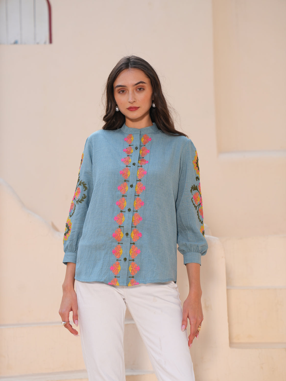 Powder Blue Embroidered shirt Style Top