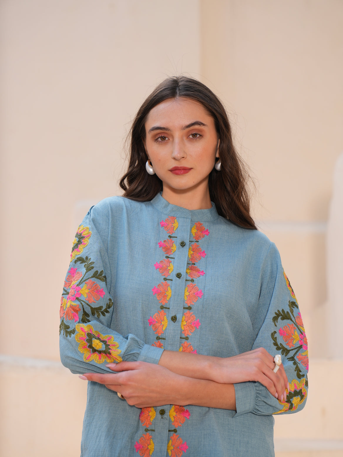 Powder Blue Embroidered shirt Style Top