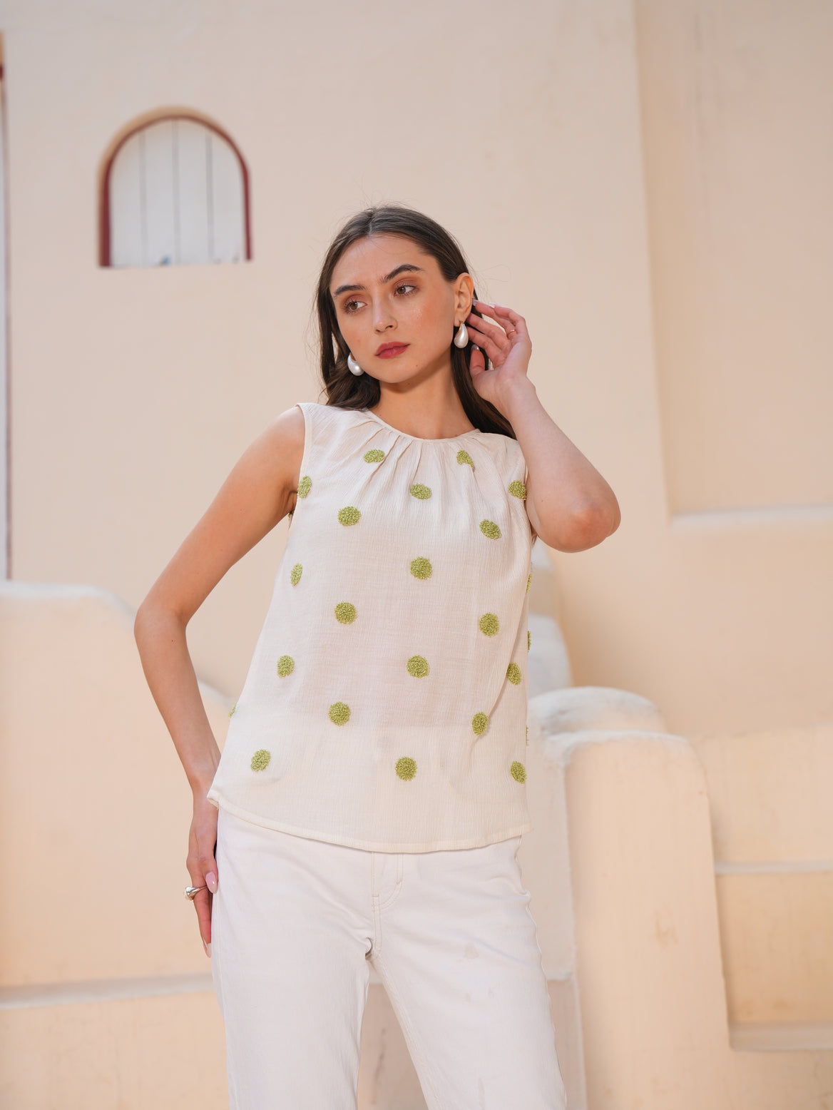 Beige Embroidered Vest Top