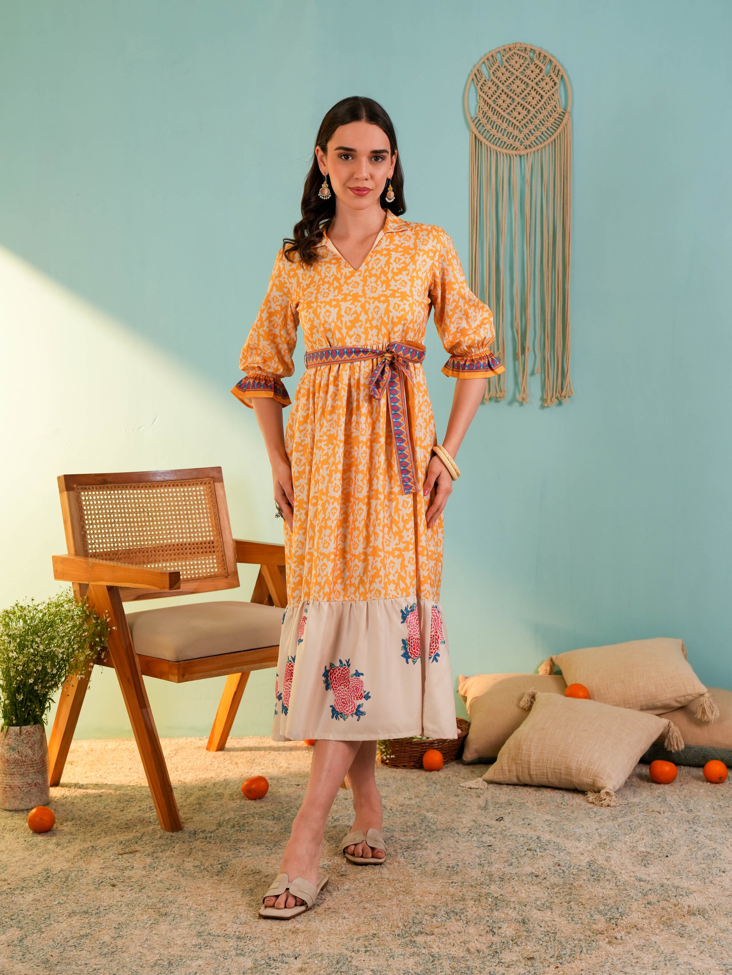 Yellow Floral Printed Flared Midi Dress