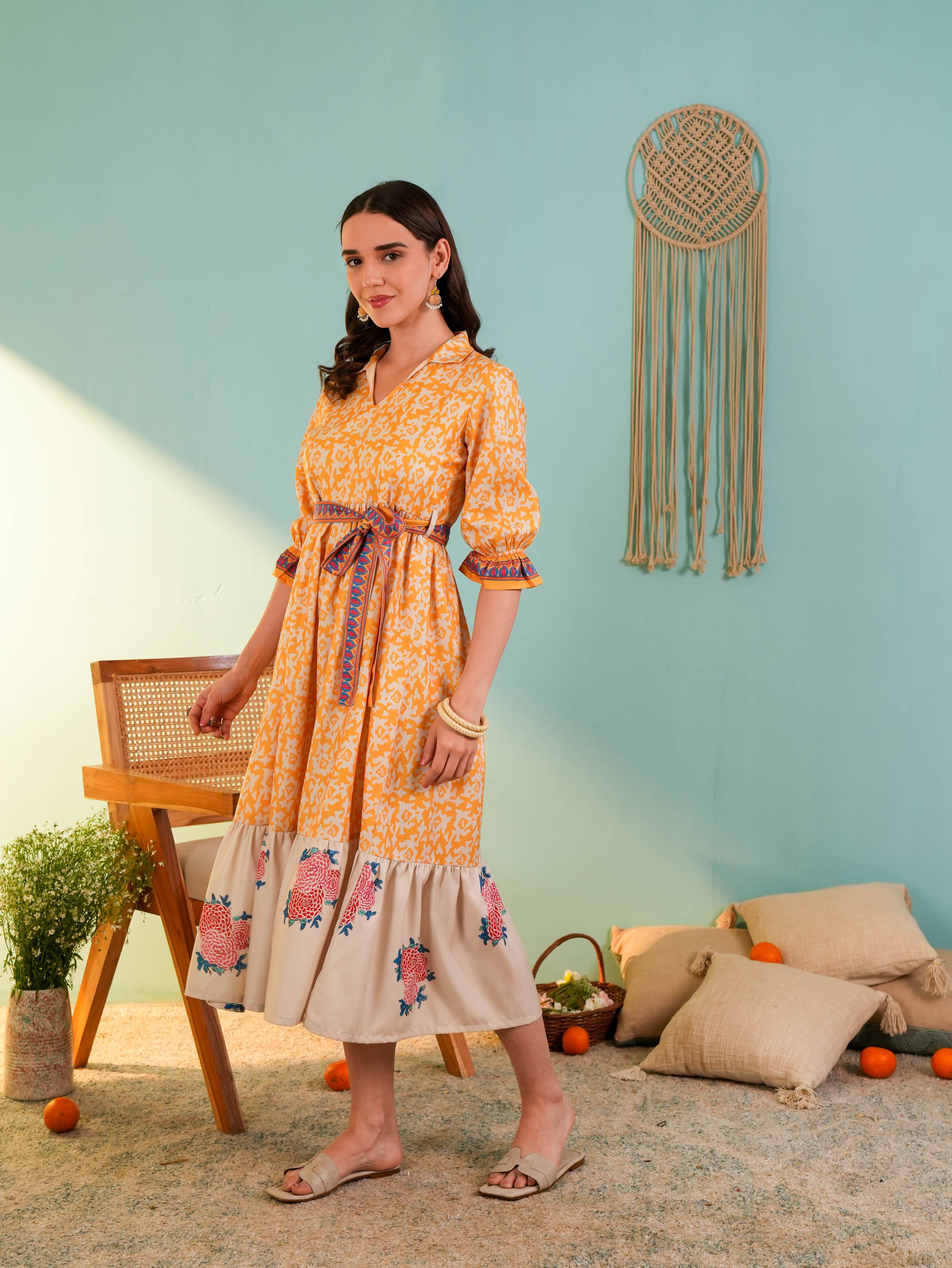 Yellow Floral Printed Flared Midi Dress